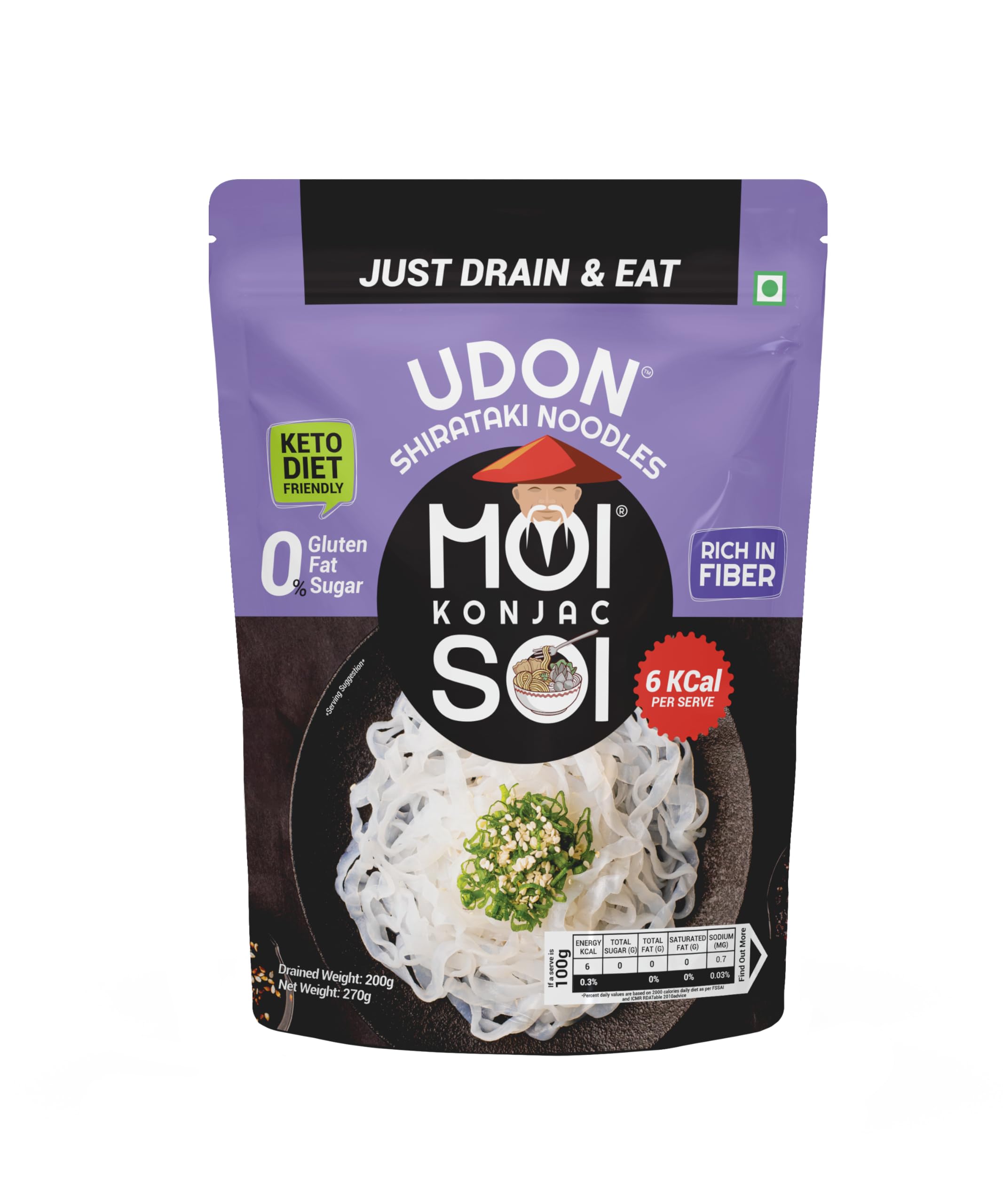 MOI SOI Shirataki Udon Noodles, 250g | Low Carb 6Kcal Only | Keto Friendly | Gluten Free | Vegan Friendly | Good for diabetics | Low Calorie Konjac Miracle Noodles | Fat-Free | Ultra-Low Calorie Konjac Miracle Noodles