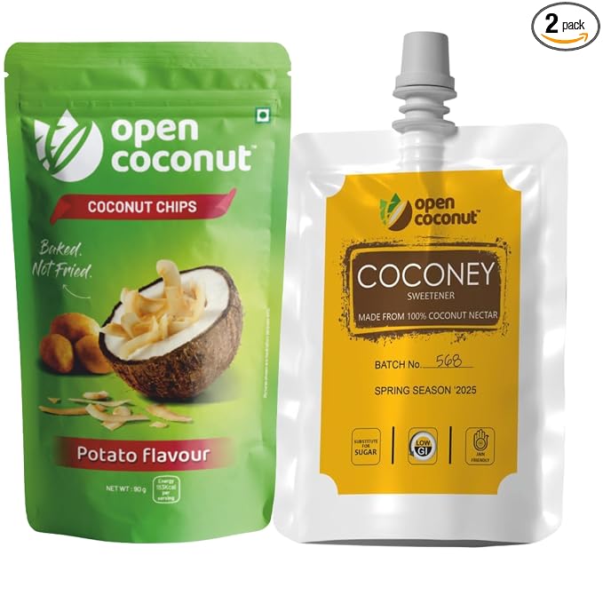OPEN COCONUT Potato Flavor Baked Chips (90 gm) & Coconut Honey Bee-Free Honey from Coconut Nectar (250 gm) | Vegan, Jain Friendly, No Added Sugar | Healthy, Tasty & Crispy Snacks