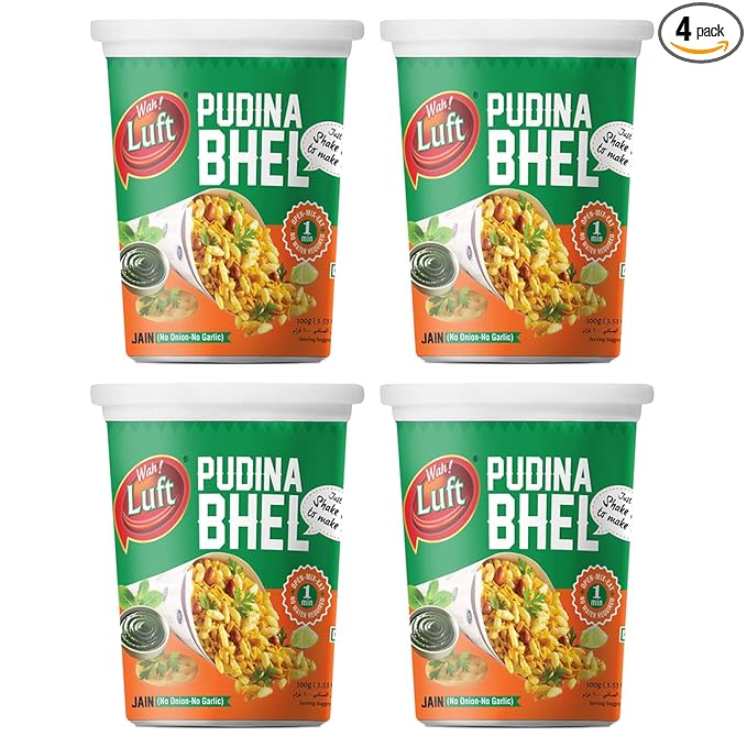 Wah!Luft Instant&Delicious Phudina Jain Bhel Puri Cup,100%Vegetarian,Masala,Crispy&Crunchy,Everyday Fresh,Healthy&Hygienic,Delicious Chaat Special Combo Pack-100G(Pack Of 4)