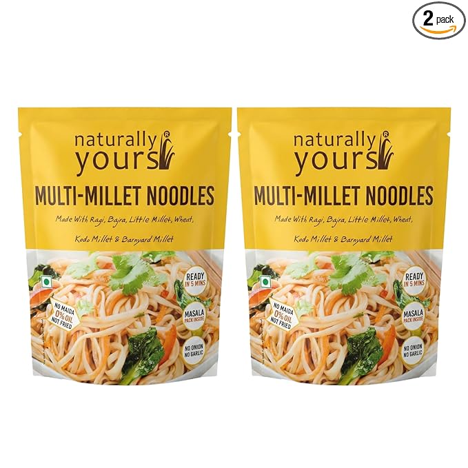 Naturally Yours Multi Millet Hakka Noodles | Ragi, Bajra, Little, Kodo & Barnyard Millet with Whole Wheat | No Maida, No Onion No Garlic, Jain Friendly, Vegan, Preservative Free | 180g Pack of 2