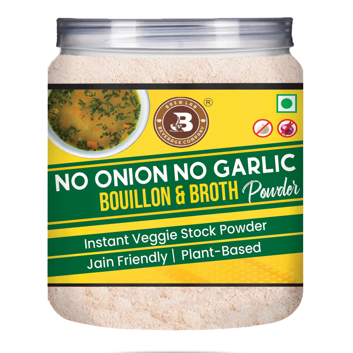 Brew Lab No Onion No Garlic Bouillon & Broth Powder, 250g | Instant Vegetable Stock | Plant-Based | Jain-Friendly | Umami Seasoning for Soups, Gravies & Cooking