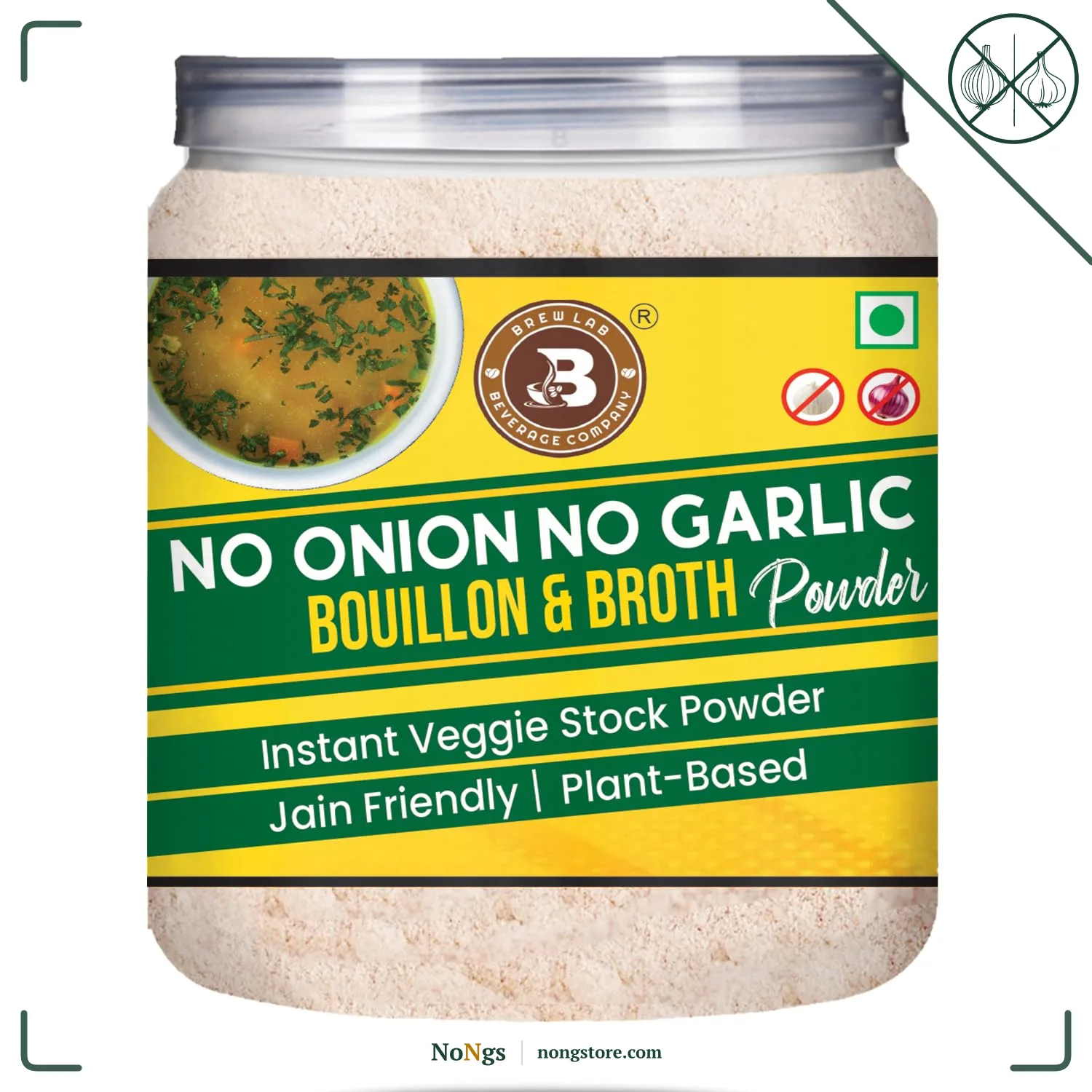 Brew Lab No Onion No Garlic Bouillon & Broth Powder, 250g | Instant Vegetable Stock | Plant-Based | Jain-Friendly | Umami Seasoning for Soups, Gravies & Cooking
