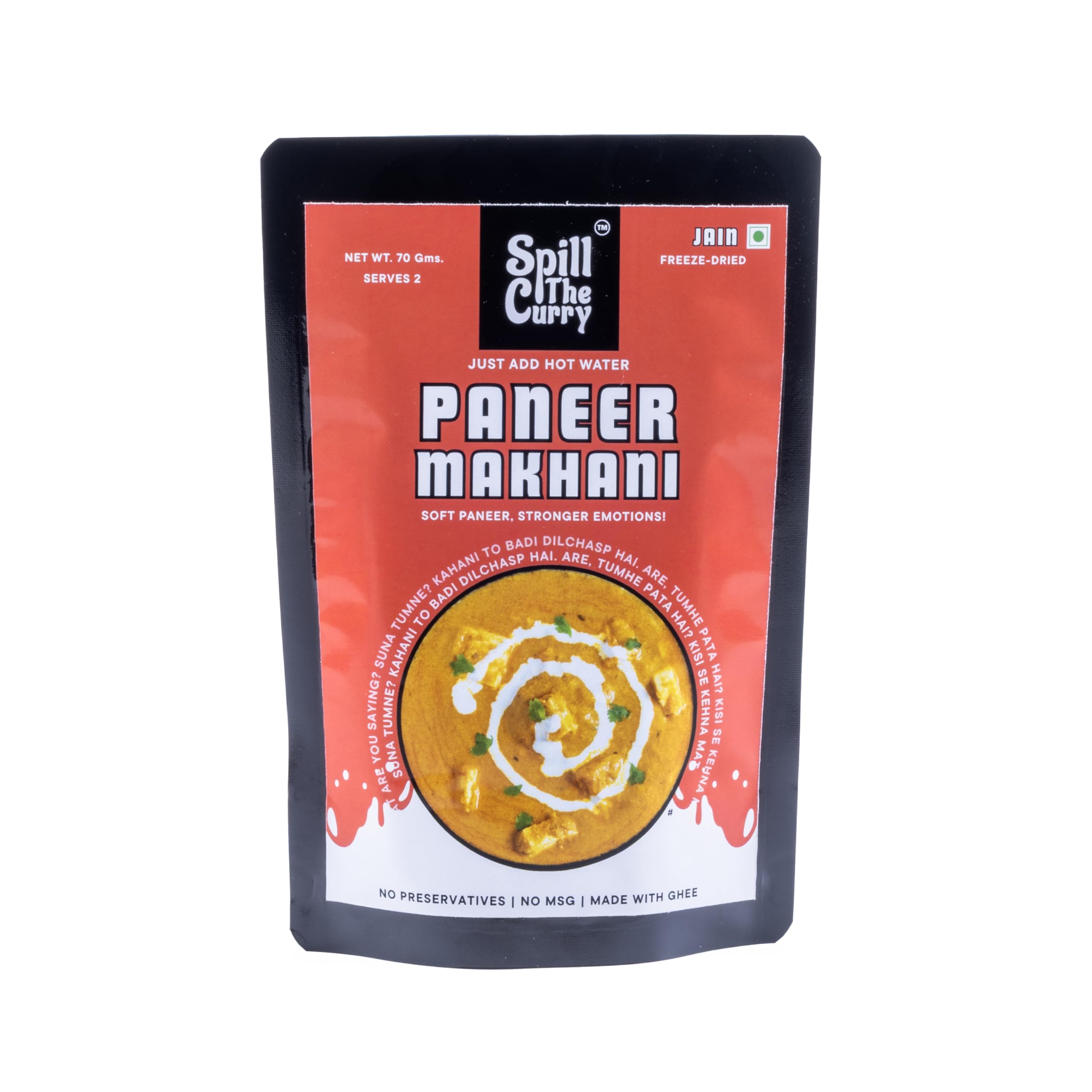 SPILL THE CURRY Paneer Makhani Jain Ready to Eat | No Onion No Garlic | Authentic Punjabi Paneer in Tomato Butter Gravy | Freeze Dried Instant Food | Just Add Hot Water | Vegetarian Meal for Travel & Hostels | Pack of 1 (70g)