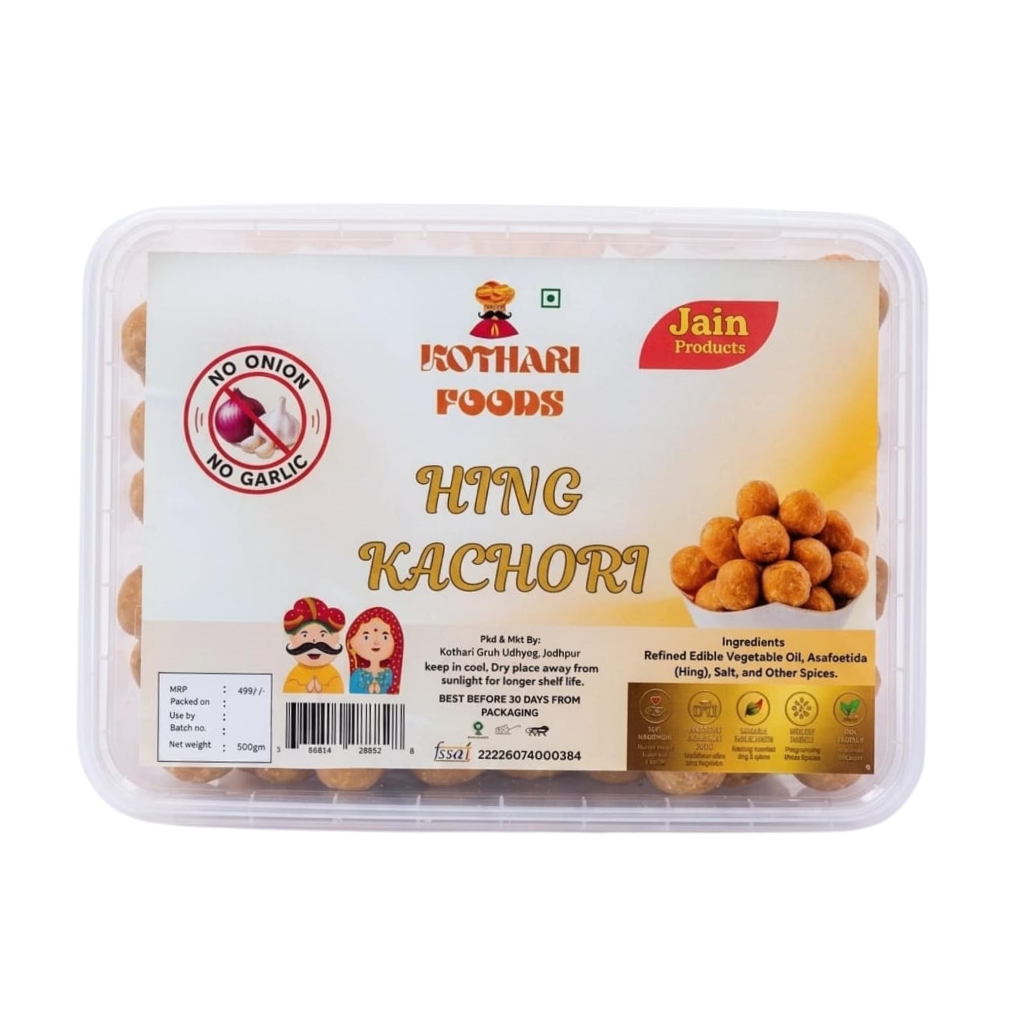 KOTHARI FOODS Mini Hing Kachori | Authentic Jodhpuri Snack | No Onion No Garlic (Jain Product) | Handmade, Crispy & Spicy Indian Dry Namkeen | 500g