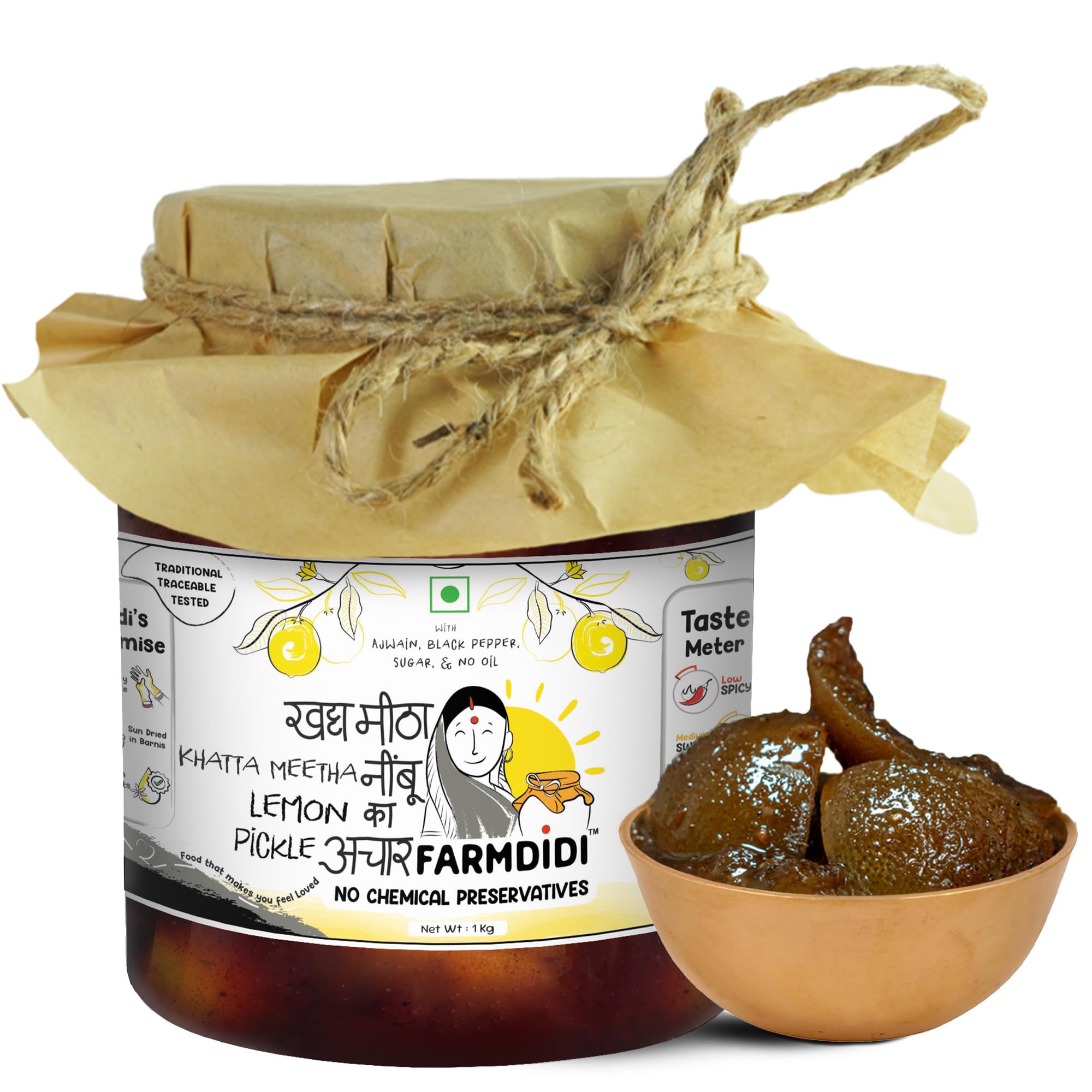 FarmDidi Lemon Pickle 1 Kg in Fresh | Indian Homemade Nimbu ka Achar with No Onion & Garlic | Sweet & Sour Oil-Free Pickle | Traditional Grandma-Style Recipe | Organically Processed