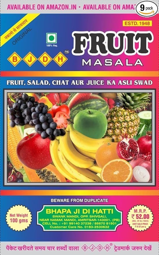 BJDH Fruit Masala (9 x 100 Grams) | Chat Masala (Also Known as Shikanji Masala) Use for Bread Toast | Dahi Bhalla | Aloo Chaat | Paneer | Boiled Egg | French Fries and Many Other Items.