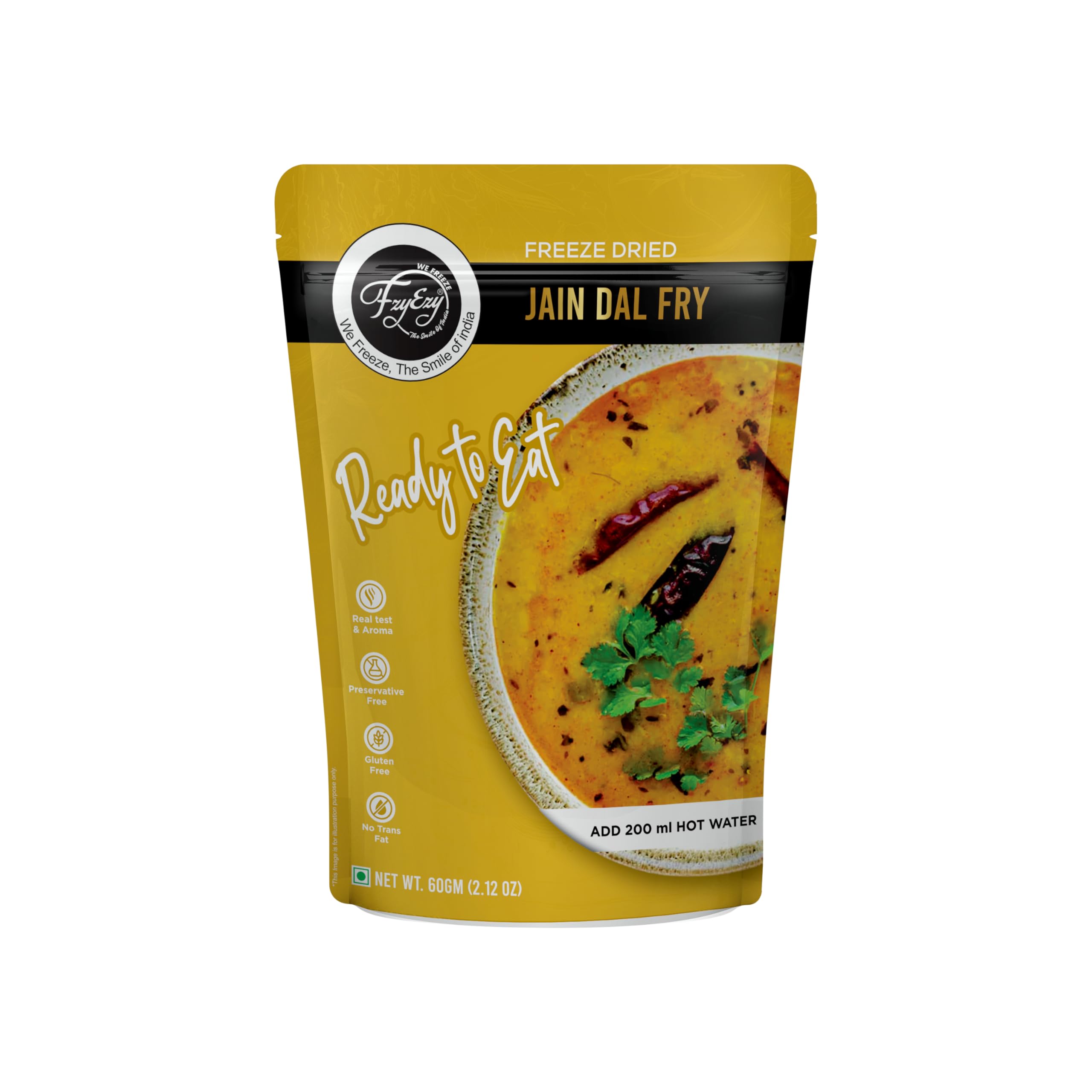 FzyEzy Freeze-Dried Jain Dal Fry – 60g | Authentic Jain Indian Meal | No Onion, No Garlic | Instant & Ready-to-Eat | Gluten-Free | Preservative-Free | Wholesome & Flavorful Jain dish