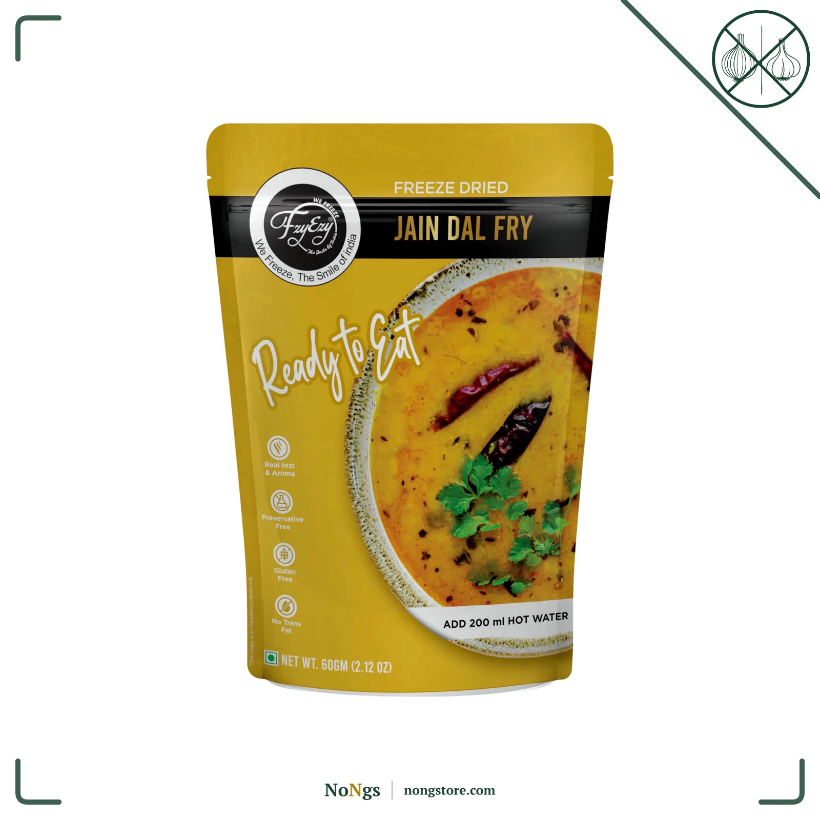 FzyEzy Freeze-Dried Jain Dal Fry – 60g | Authentic Jain Indian Meal | No Onion, No Garlic | Instant & Ready-to-Eat | Gluten-Free | Preservative-Free | Wholesome & Flavorful Jain dish