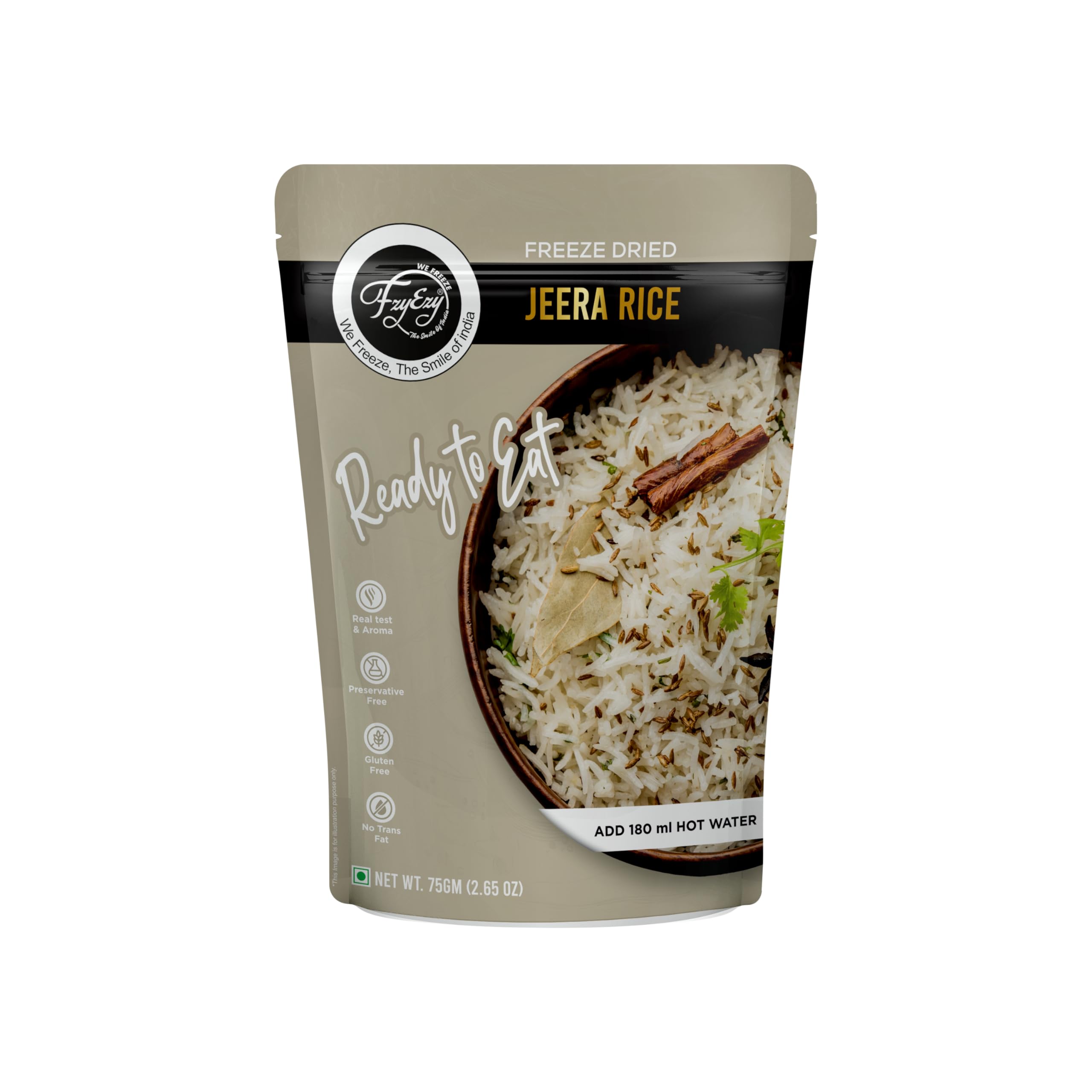 FzyEzy Freeze-Dried Jeera Rice | Ready-to-Eat Instant Meal | Authentic Indian Cumin Rice | No Preservatives | Travel-Friendly Pack (75g)