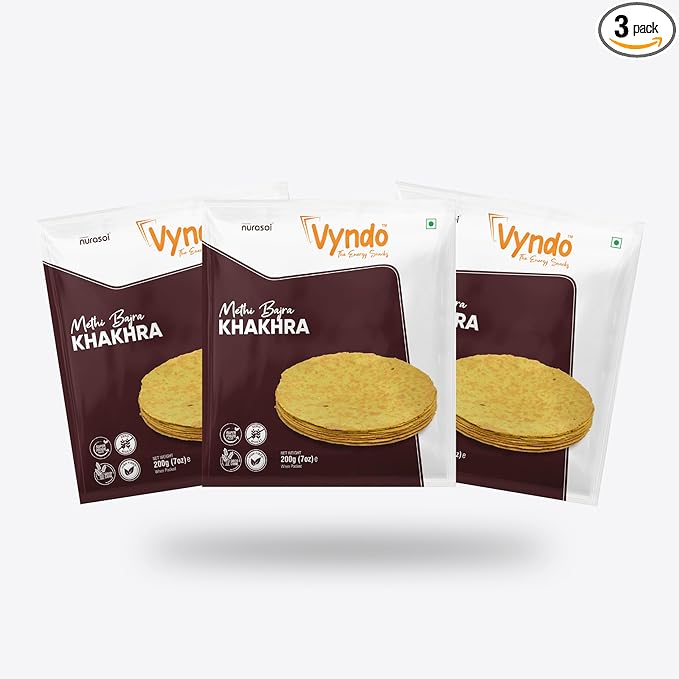 Vyndo Methi Bajra Khakhra Pack of 3 (200g Each) | Millet-Based, High Protein & Fiber | Gluten-Free, No Palm Oil | Anytime Snacks for Kids & Adults.