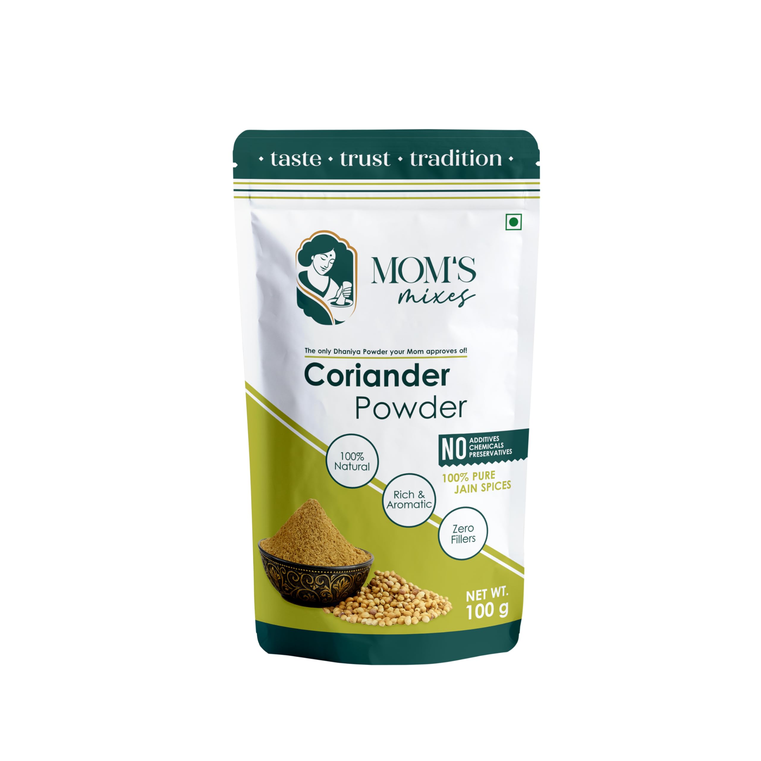 Mom’s Mixes Coriander Powder (Dhaniya) | Double Parrot Seeds | Strong Aroma | Pure & Natural | No Preservatives | No Onion No Garlic (Jain Friendly) | 100g