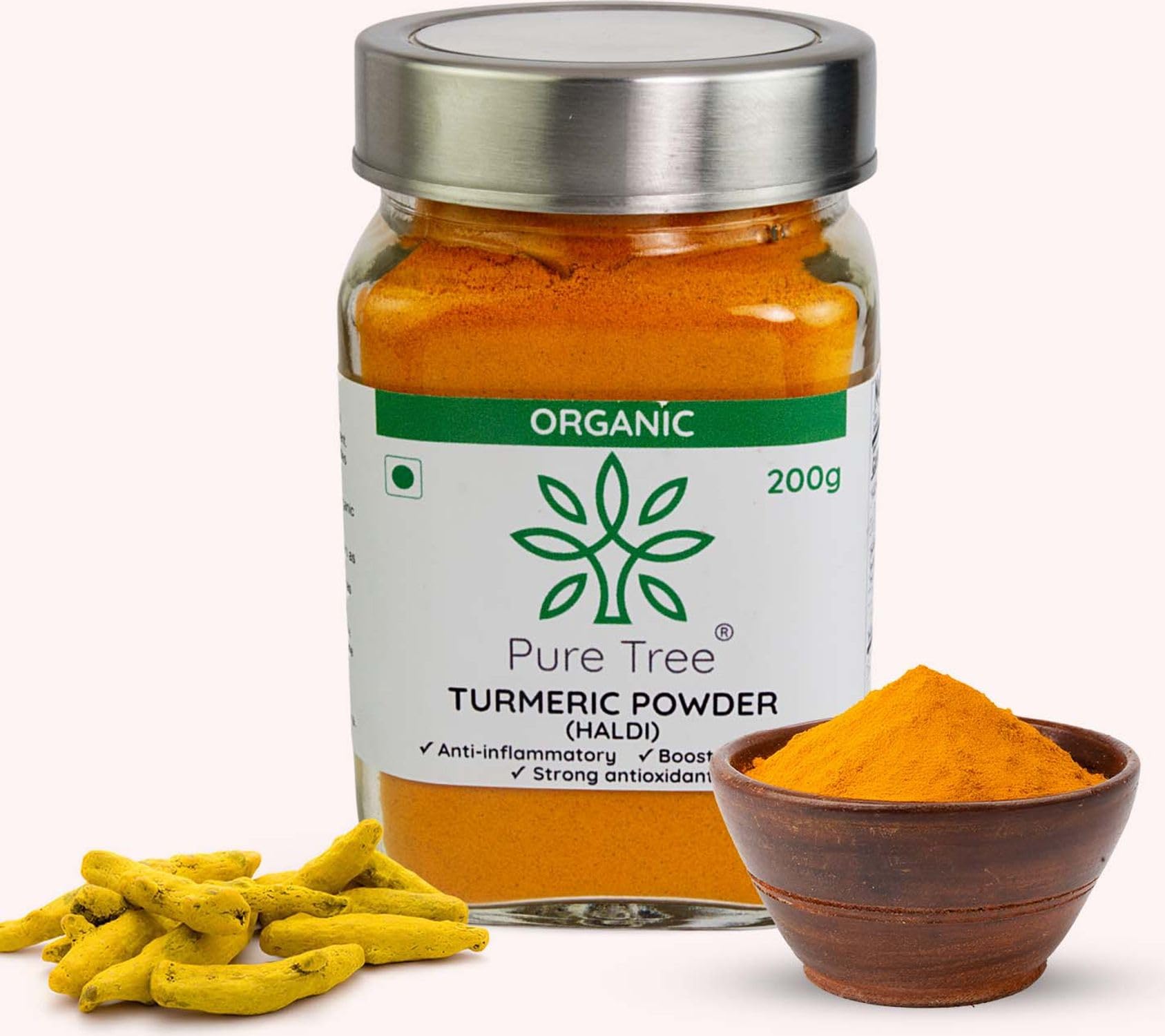 Pure Tree Certified Organic Haldi Powder | 200 g | Glass Jar | Turmeric Powder | Spice Masala Powder Raw for Milk | Strong Antioxidant
