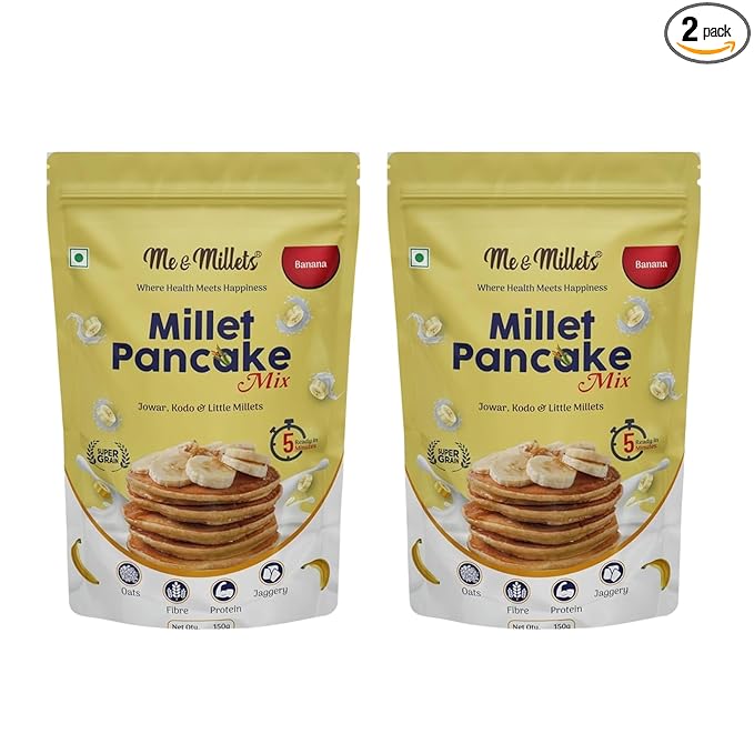 ME & MILLETS Banana Flavor Millet Pancake Mix (150g X 2) Sweetness Of Jaggery, No Maida, No Wheat, No Preservatives, Vegetarian, Eggless, Healthy Breakfast for Family (Jain Friendly)
