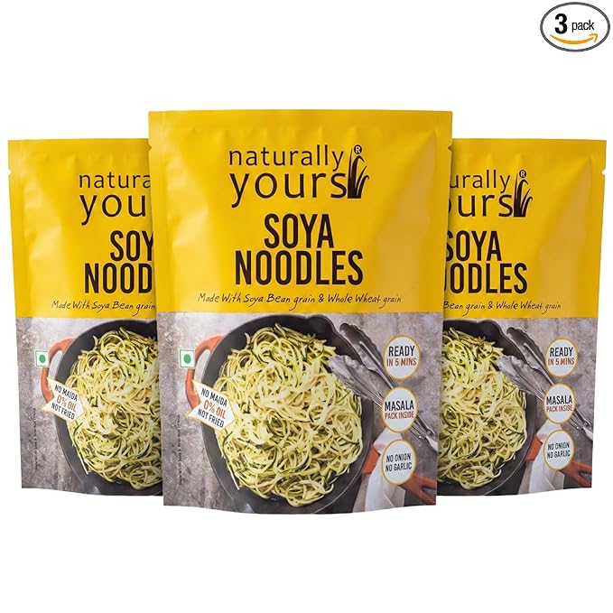 Naturally Yours Soy Hakka Noodles | Soybean & Wheat Protein | No Maida, No Onion No Garlic, Jain Friendly, Vegan, Preservative Free, No MSG | High Protein & Fiber | Tastemaker Inside | 180g Pack of 3