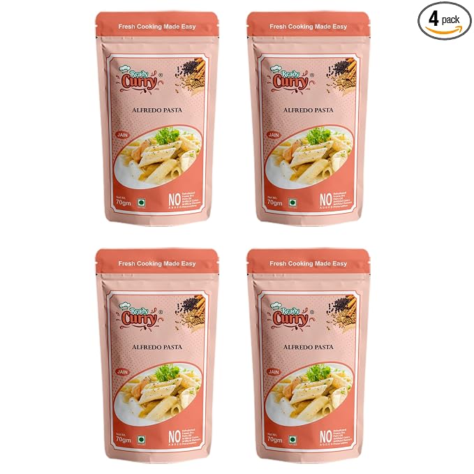 ReadyCurry | Alfredo Pasta | Jain | No Onion No Garlic| Spice Mix | Gravy Masala | Ready to cook in 10 minutes| Home style taste |No Dehydrated | No Freeze Dry |No Artificial Colours or Flavours or Preservatives| 70g (Pack of 4)
