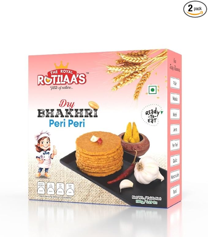 THE ROYAL ROTILAA'S Peri Peri Bhakhri 150g (Pack of 2) | Ready-to-Eat Gujarati Tea-Time Snack | No Maida | No Artificial Colours | Vacuum Packed Healthy Crispy Bhakhri for Adults & Kids