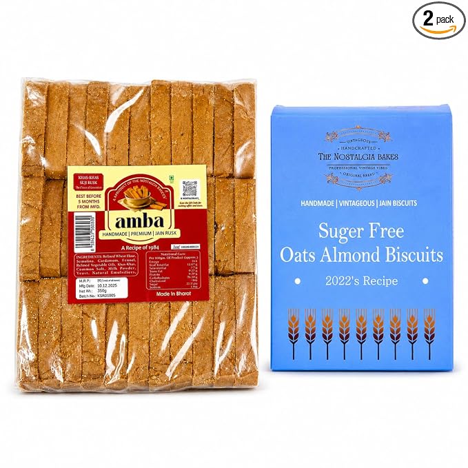 Amba Handmade Premium Jain Suji Rusk & Sugar Free Oats Almond Biscuits Combo Pack | Crispy Tea Time Snacks | Traditional Bakery Style | Healthy Everyday Snacking | 100% Vegetarian