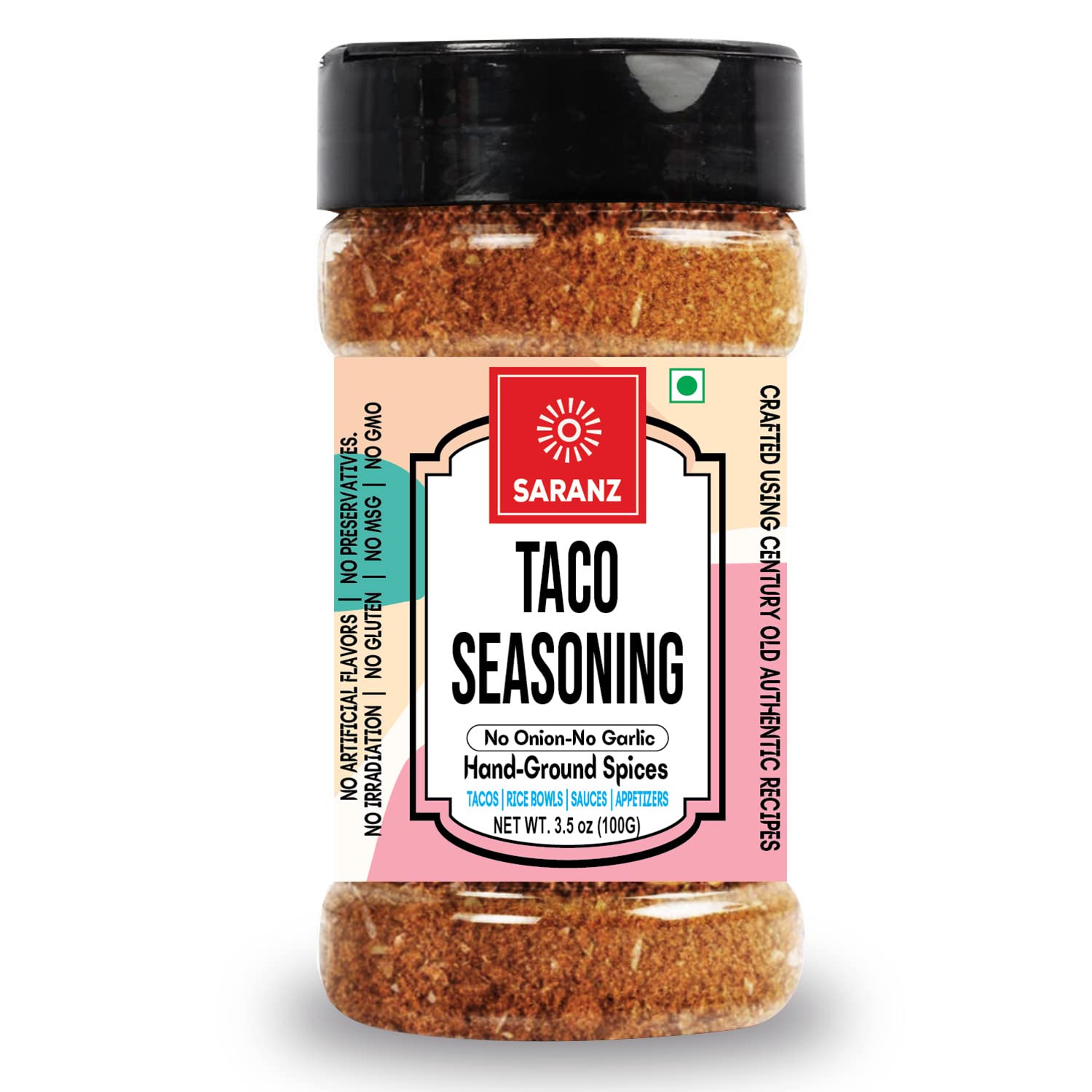 SARANZ Jain Taco Seasoning | No Onion No Garlic Mexican Spice Mix | For Tacos, Burritos, Wraps, Nachos, Fries, Pasta and Snacks | Vegan, Gluten-Free, Dairy-Free | 100g Sprinkler Jar