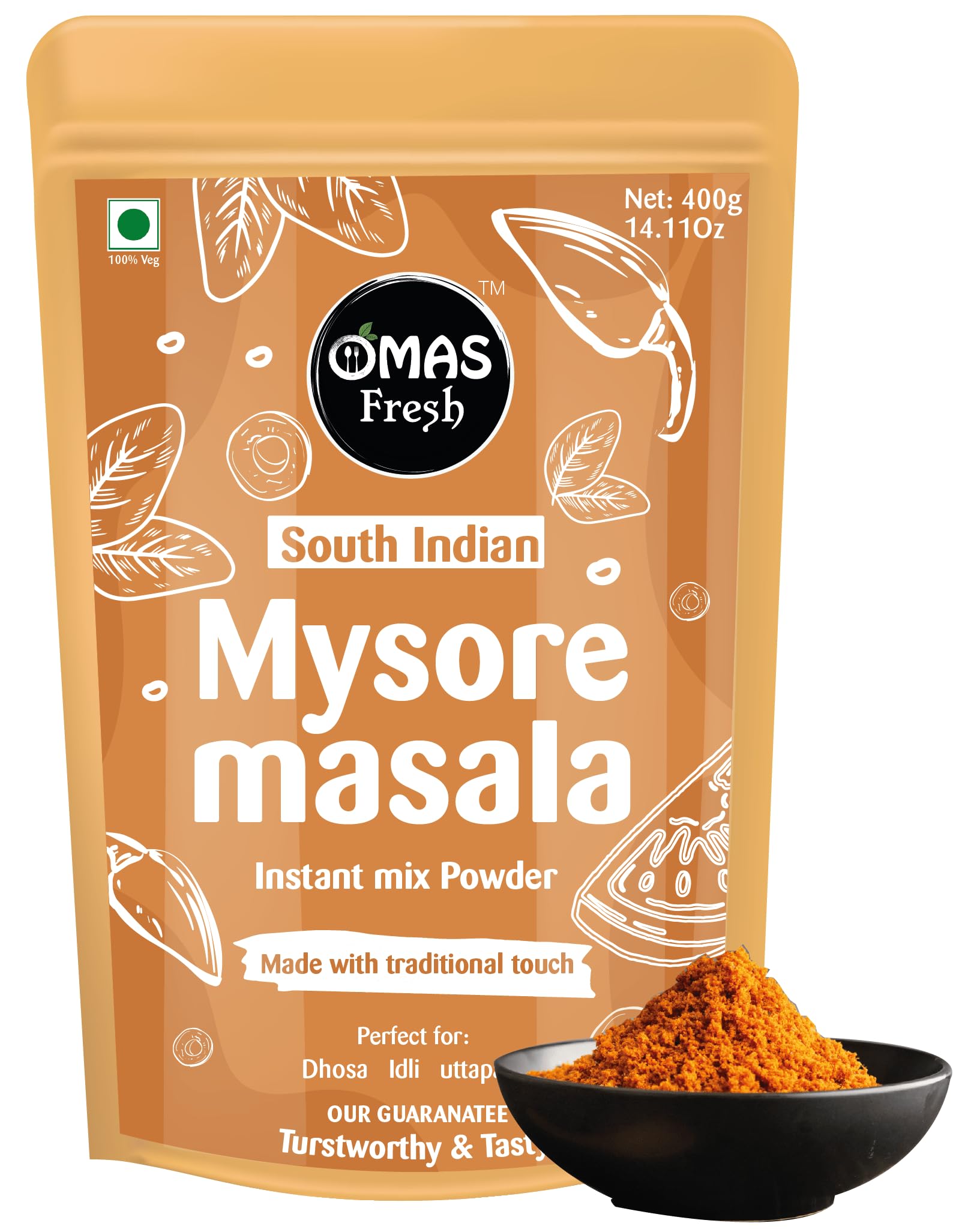 Omas Fresh No Onion, No Garlic South Indian Coconut Chutney Instant Mix Powder Perfect for Dosa, idli, Uttapam (Just Add Curd/Water to Use) (400g, Mysore Masala Powder)