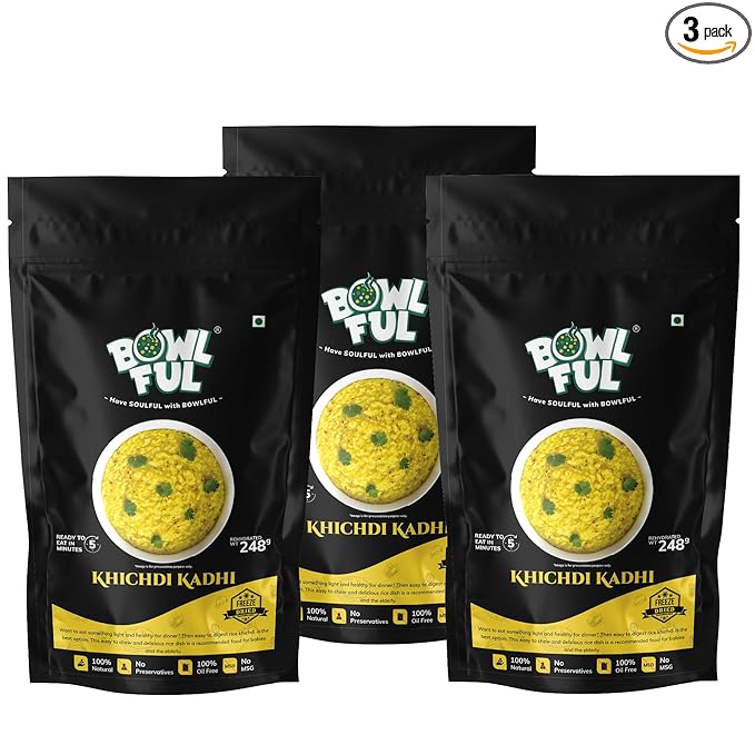 Bowlful Khichdi Kadhi, 48 GMS Pack of 3, Healthy Rice Based Product with Kadhi Without Onion and Garlic. 100% Natural, Freeze Dried Food