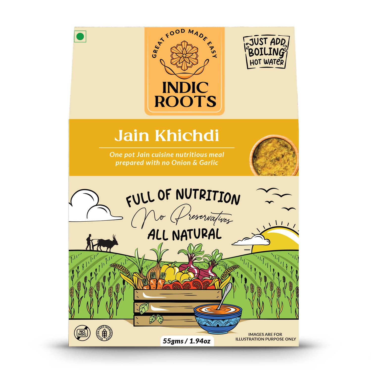 Indic Roots Jain Khichdi |Instant Ready to Eat Full Meal |No Preservatives, All Natural, Packed Food with no Onion Garlic |Gluten Free MRE Food - 55 gm (Pack of 1)