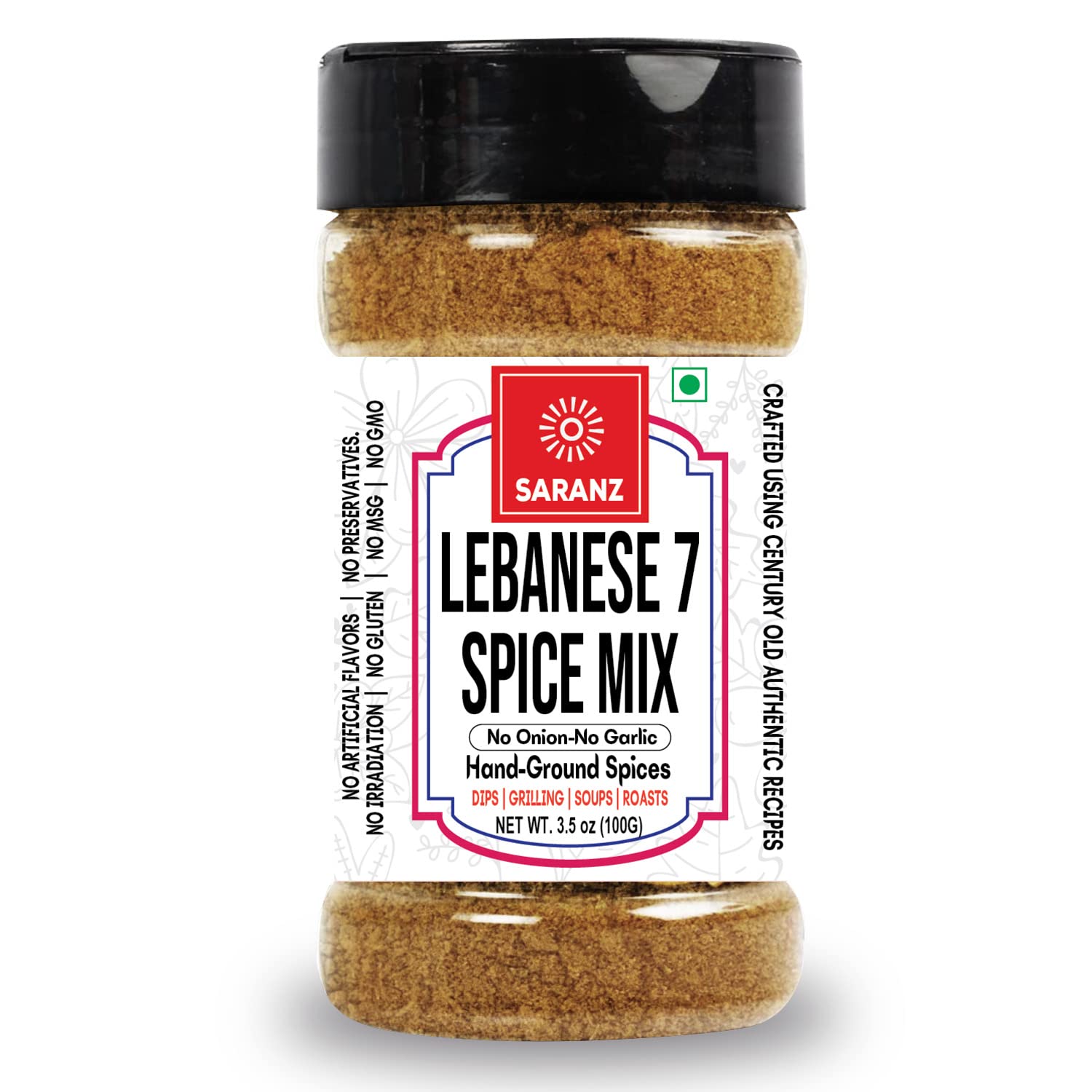 SARANZ Lebanese 7 Spice Mix Jain Exotic Seasoning | Batata Harra Masala Perfect for Snacks, Appetizers, Savouries, Main Dishes Aromatic and Flavoured Vegan | Middle East Seasonings - 100 Grams