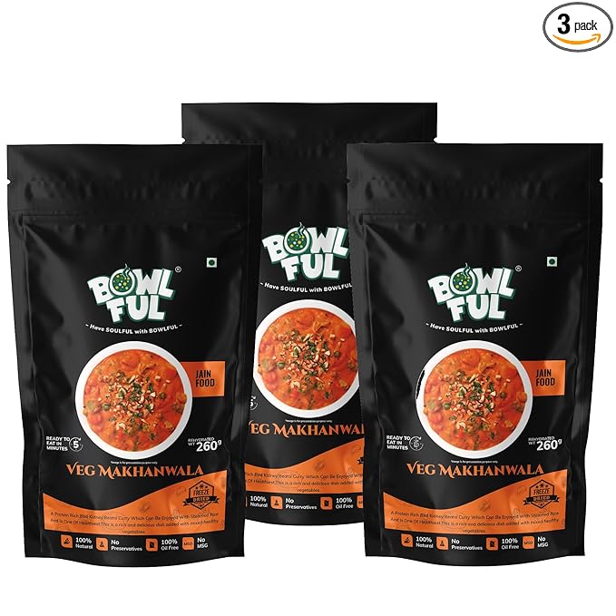 Bowlful Jain Veg Makhanwala, 60 gms, Mildly Spicy Red Gravy with Mixed Vegetables | Pure Natural, Freeze Dried Food (Pack of 3)