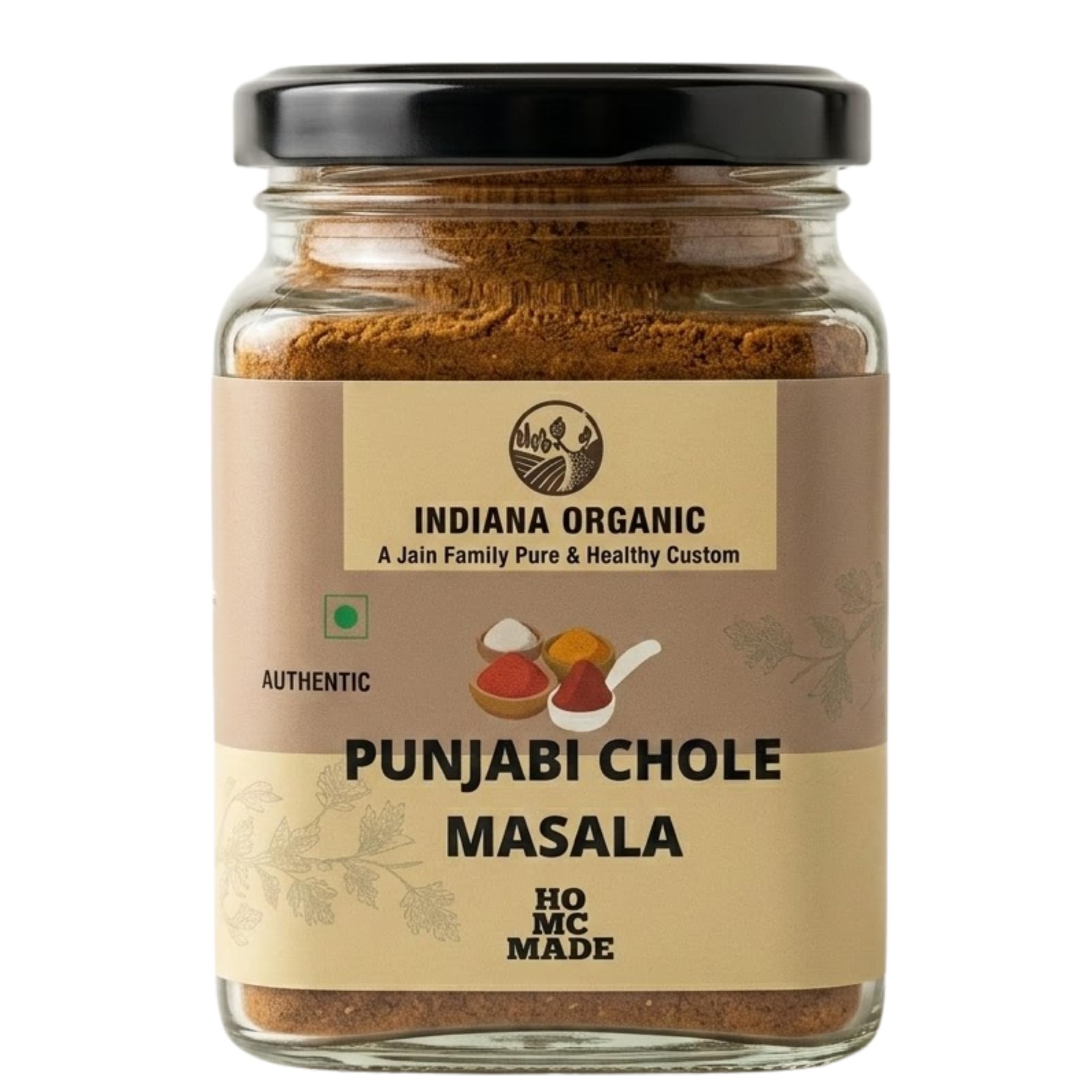 Indiana Organic Punjabi Chole Masala | Authentic North Indian Spice Blend | No Preservatives, No Additives, Gluten Free | Freshly Ground Whole Spices | Homemade Taste | 150g Glass Jar | No onion & garlic added