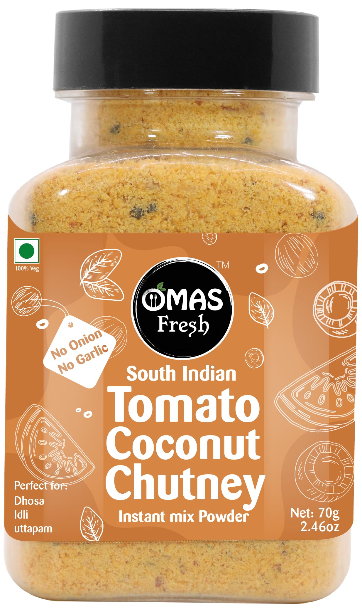 Omas Fresh No Onion, No Garlic South Indian Coconut Chutney Instant Mix Powder Perfect for Dosa, idli, Uttapam (Just Add Curd/Water to Use) (70g, Tomato Coconut Chutney)