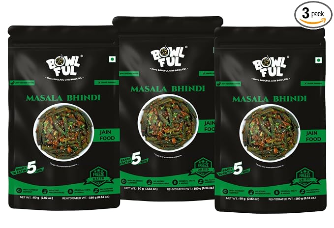 Bowlful Jain Masala Bhindi | Natural Ingredients | Ready-to-Eat Meal | Spiced Okra Curry Made Without Onion & Garlic | 80g Net Weight (180g After Rehydration) | Pack of 3 | No Added Preservatives & Colours | Microwaveable