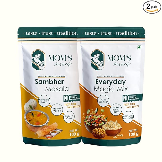 Mom’s Mixes Combo of 2 | Sambhar Masala + Everyday Magic Mix | 100% Pure Jain Spices | No Onion No Garlic | No Preservatives | No MSG | No Added Colours | 200g