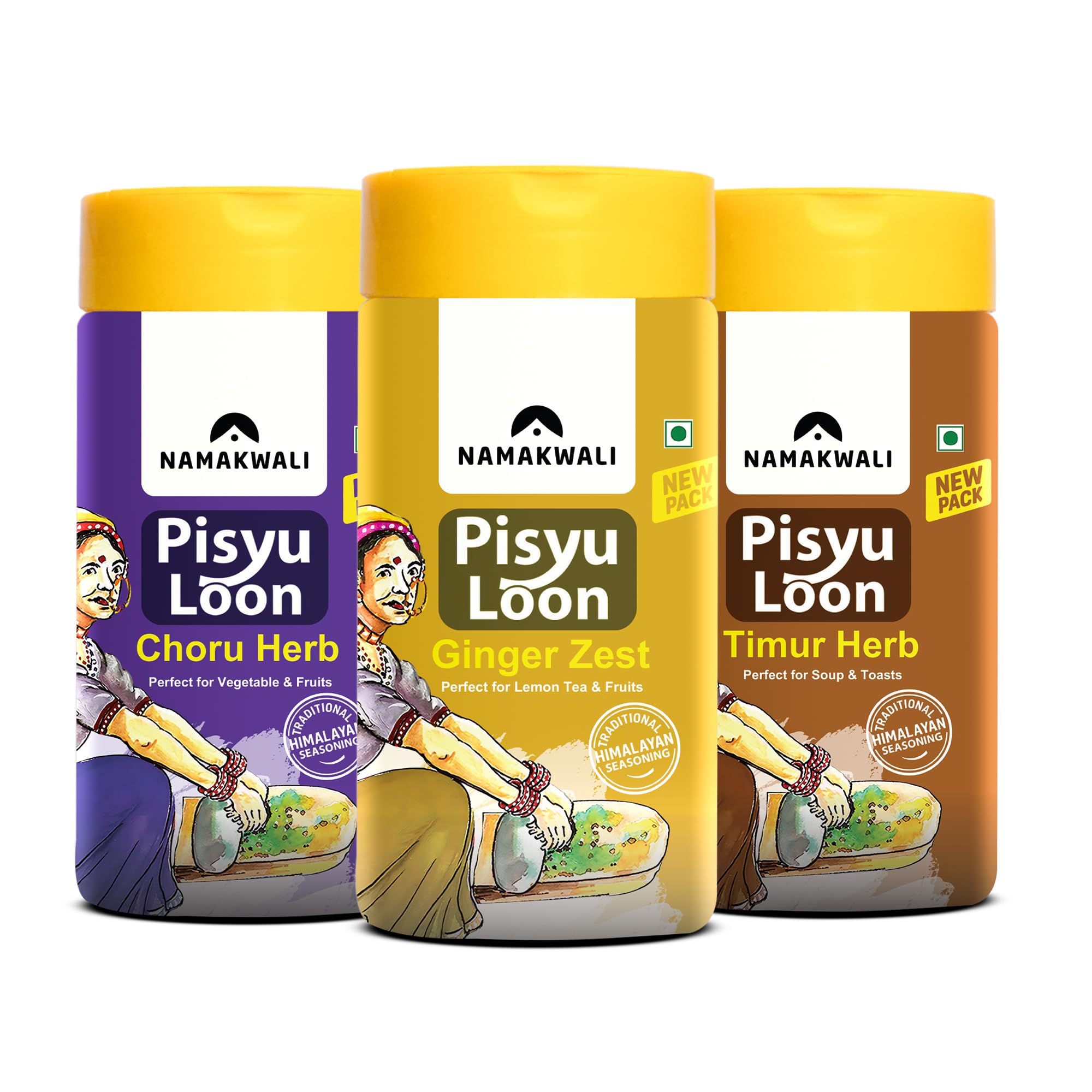 Namakwali Flavoured Pahadi Salts (Timur herb, Gandhrain or Choru herb, Ginger zest) | Pack of 3 - 300 Gram | No Onion No Garlic | Seasoning Combo - Popcorn, Noodles, Salad, Raita, Fruits, Sweet Corn, Makhana | SharkTank India S3
