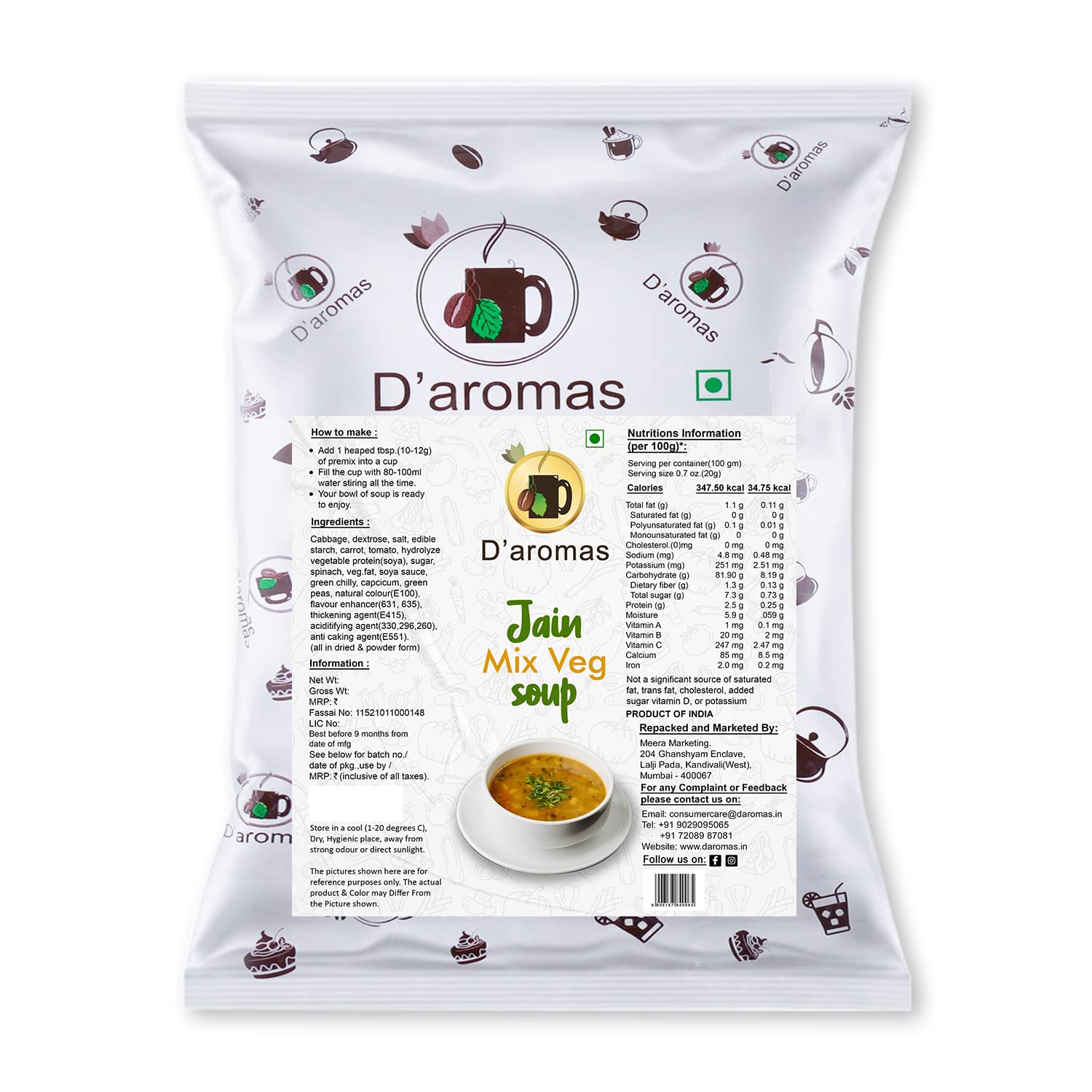 D'aromas Instant Mix Veg Soup 3Kg, Instant Premix Powder With No Onion & No Garlic, Instant Mix Powder, Veg Soup, No Artificial Flavour & Colour (Each 500gm) (Pack Of 6)