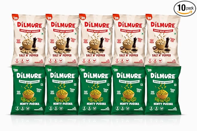DILMURE No Onion No Garlic Jowar Millet Munchies Combo Pack – Minty Pudina & Salt n Pepper (25G Each) | Roasted Healthy Snacks | No Preservatives, No MSG, No Maltodextrin | Palm Oil Free | Zero Cholesterol, Zero Trans Fat | Gluten-Free Millet Snack (Pack of 10)