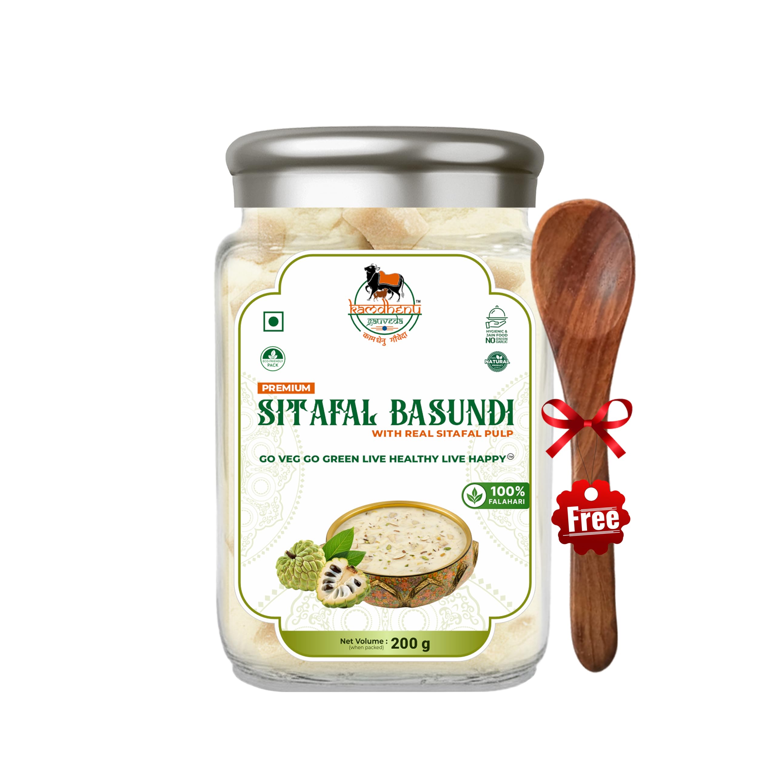 Kamdhenu Premium Sitafal Basundi | Falahari Dessert with Real Custard Apple Pulp | Divine Fasting Delight | Ready to Eat | No Preservatives | Pure Jain | Vagitrain | Vegan | Lab Tested | Energic & Healthy | Premium Organic Glass Bottle ! No Use Plastic ! (200g Pack Of 1)