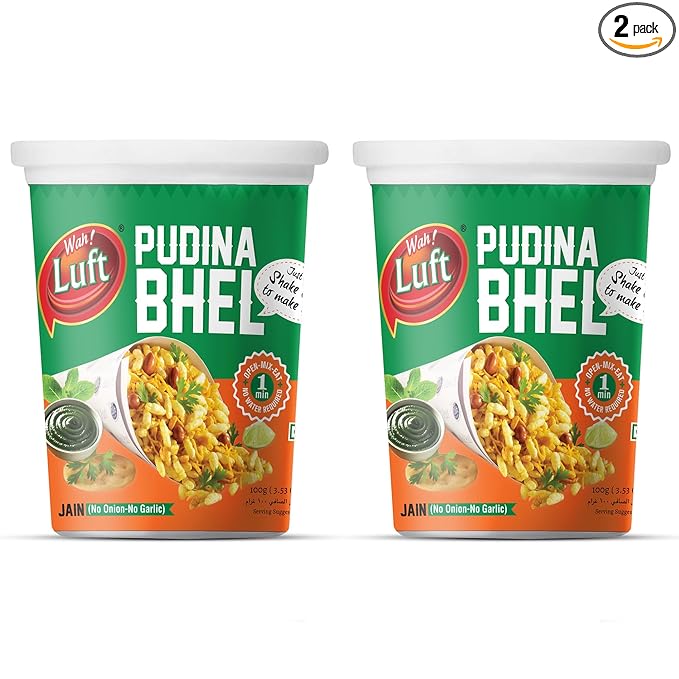 Wah Luft Instant Pudina Bhel Puri Cup (Jain), 100 g - Pack of 2, Ready to Eat Snacks, Namkeen, 100% Vegetarian, Crispy and Crunchy Bhelpuri Mix- Travel-Friendly Indian Chaat Combo, Chutney Inside