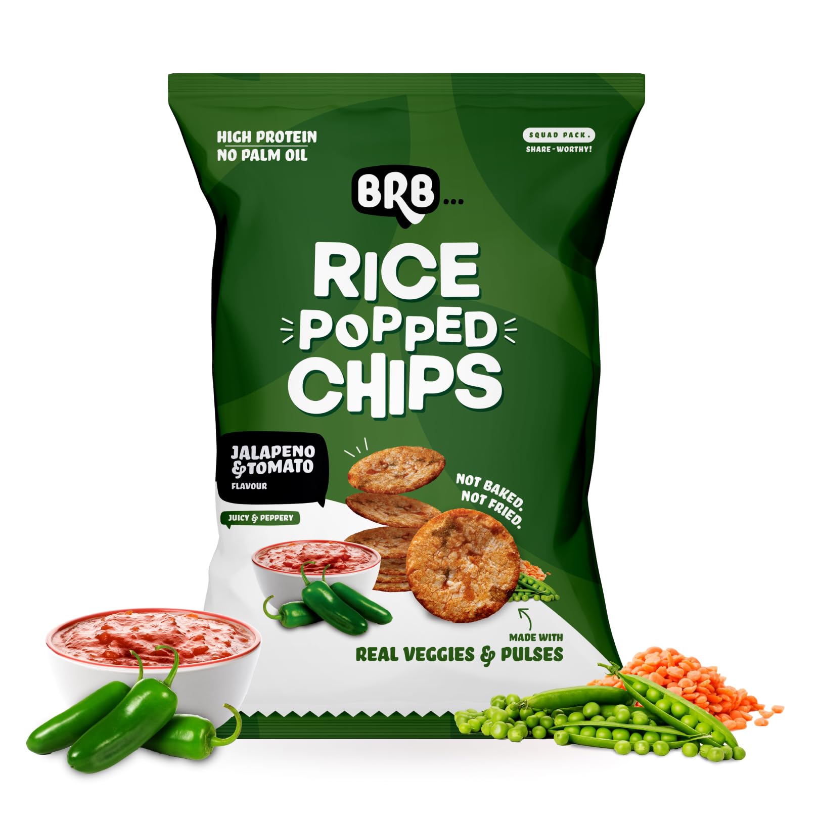 BRB Rice Popped Chips | Jalapeño & Tomato Flavour | Not Fried. Not Baked | High Protein | 50% Less Oil, No Palm Oil, Healthy Snack | 48g/54g Pack (weight may vary)