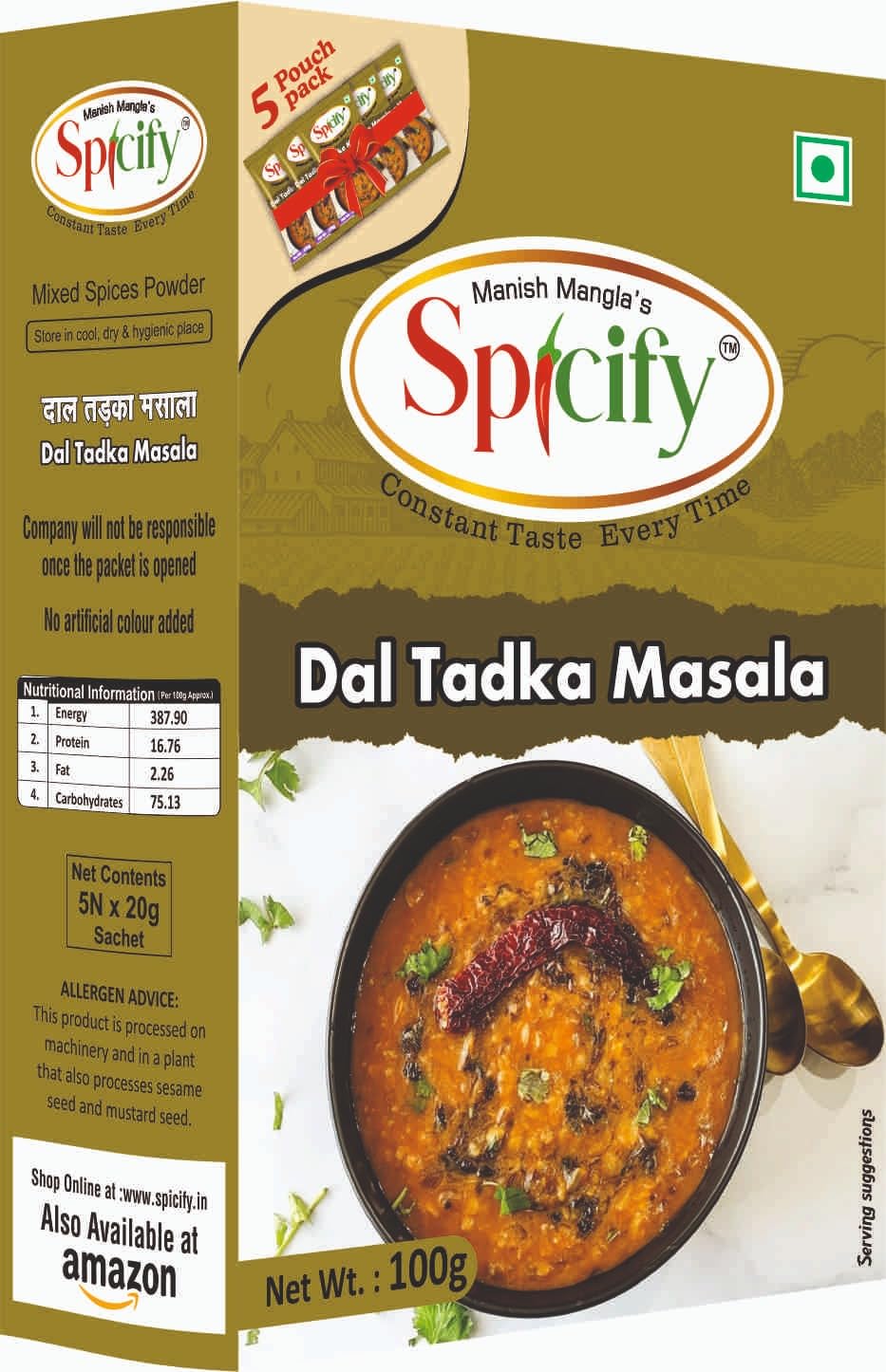 Spicify Dal Tadka Masala - 100g | Ready to Use Instant Spice Mix | No Onion No Garlic No MSG | Authentic & natural Spice Blend