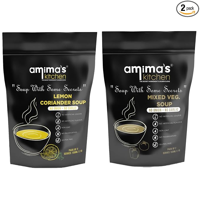 Amima's Kitchen Combo Of Lemon Coriander + Mixed Veg. Jain Soup (No Onion No Garlic) - 100 Grams (Pack of 2) | Instant Soup Mix Powder | Ready To Cook | No Artificial Flavour & Colour | Gluten Free | Non GMO | Healthy Soup