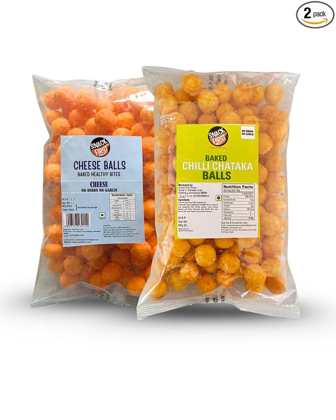 Snack First Baked Chilli Chataka Cheese Balls, Corn balls, Combo of 2, No Onion No Garlic, Jain, Puffed Snack, Corn Puffs, Healthy Snack, Namkeen, Each 80g
