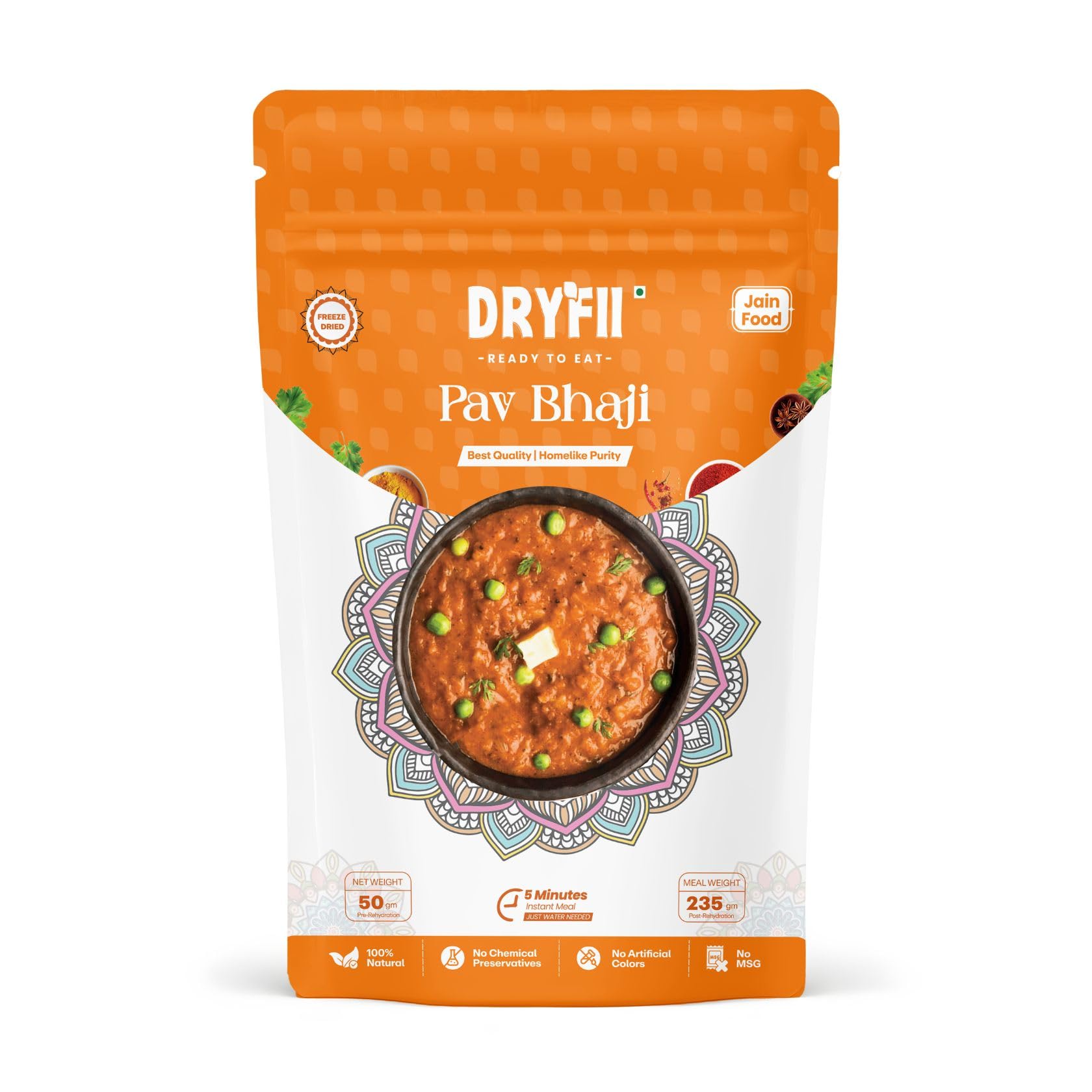 Dryfii Ready-to-Eat Instant Jain Pav Bhaji | Pure Veg | Freeze Dried | No Onion, No Garlic | Breakfast Meal | Rehydrated Weight 235 g