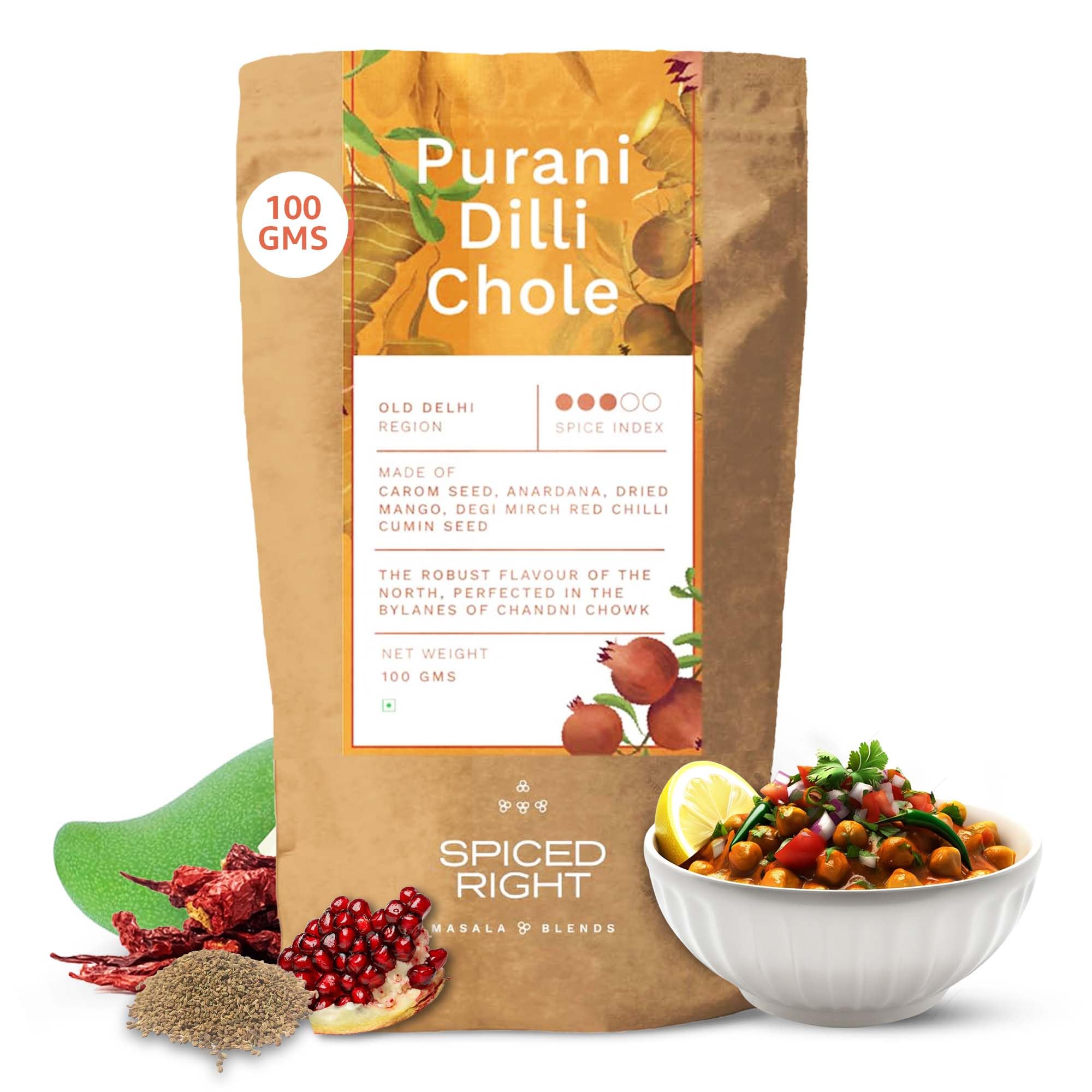 Spiced Right Purani Dilli Chole Masala | Chana Masala Powder 100g | Authentic Punjabi Amritsari Pindi Style Masala for Chickpeas, Choley Bhature | No Onion Garlic | Traditional Indian Spice Blend