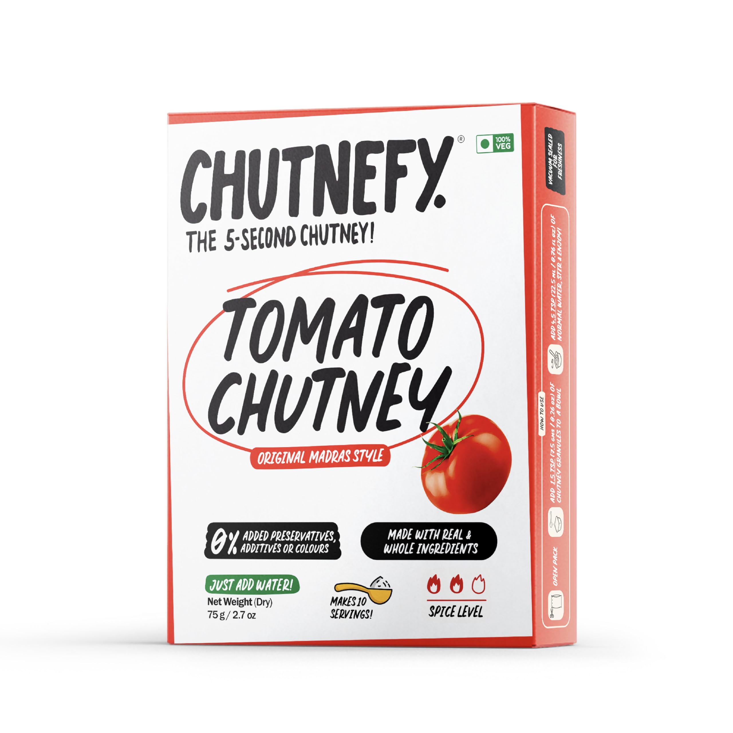 Chutnefy Tomato Chutney | 75g Freeze-Dried Instant Dry Mix | Just Add Water to make 10 servings (300g) | 0% Preservatives or Additives
