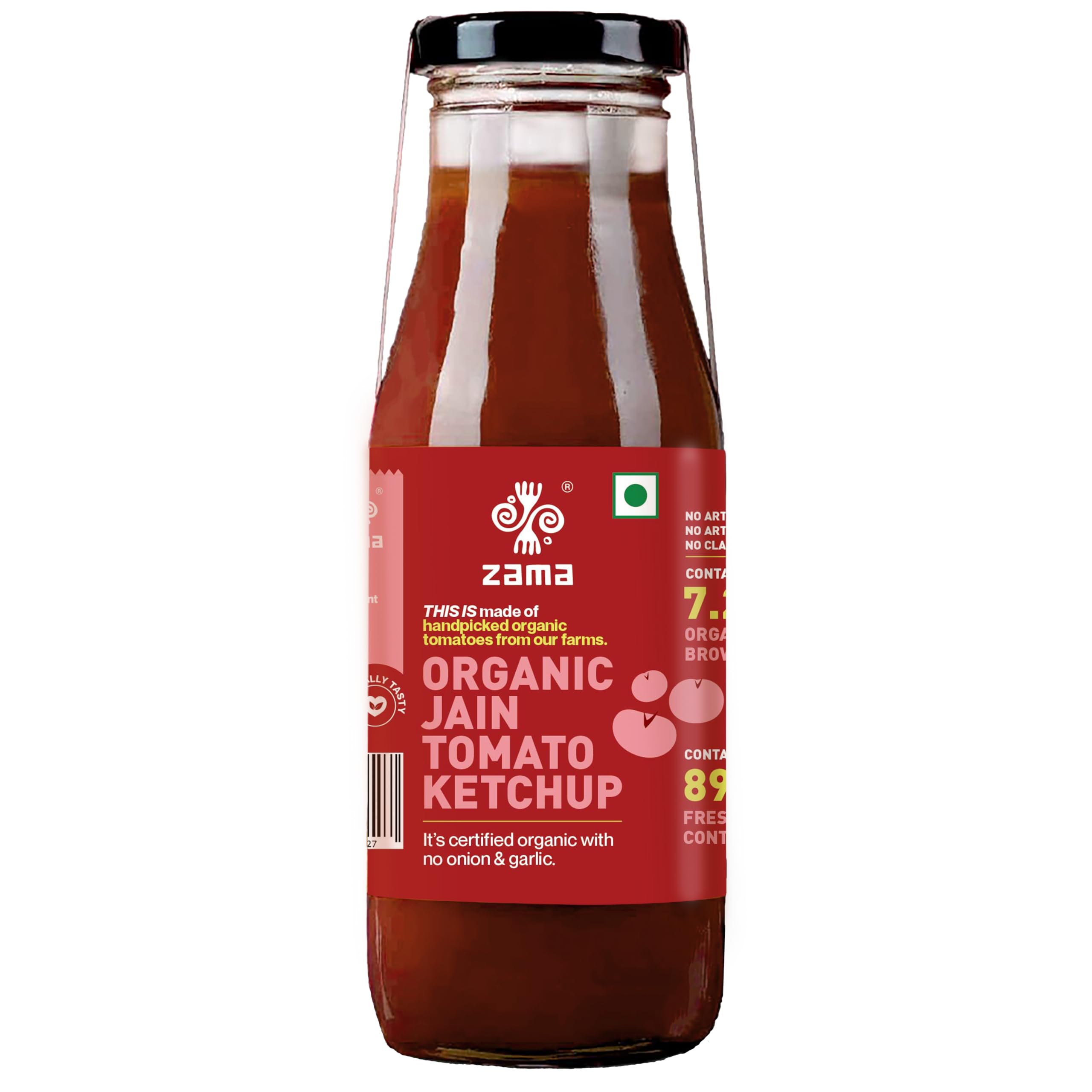 Zama Organic Jain Tomato Ketchup 300g Glass Bottle | Tomato Sauce | Ingredients | Tomatoes | Tangy and Raw Flavour | Traditionally Produced |