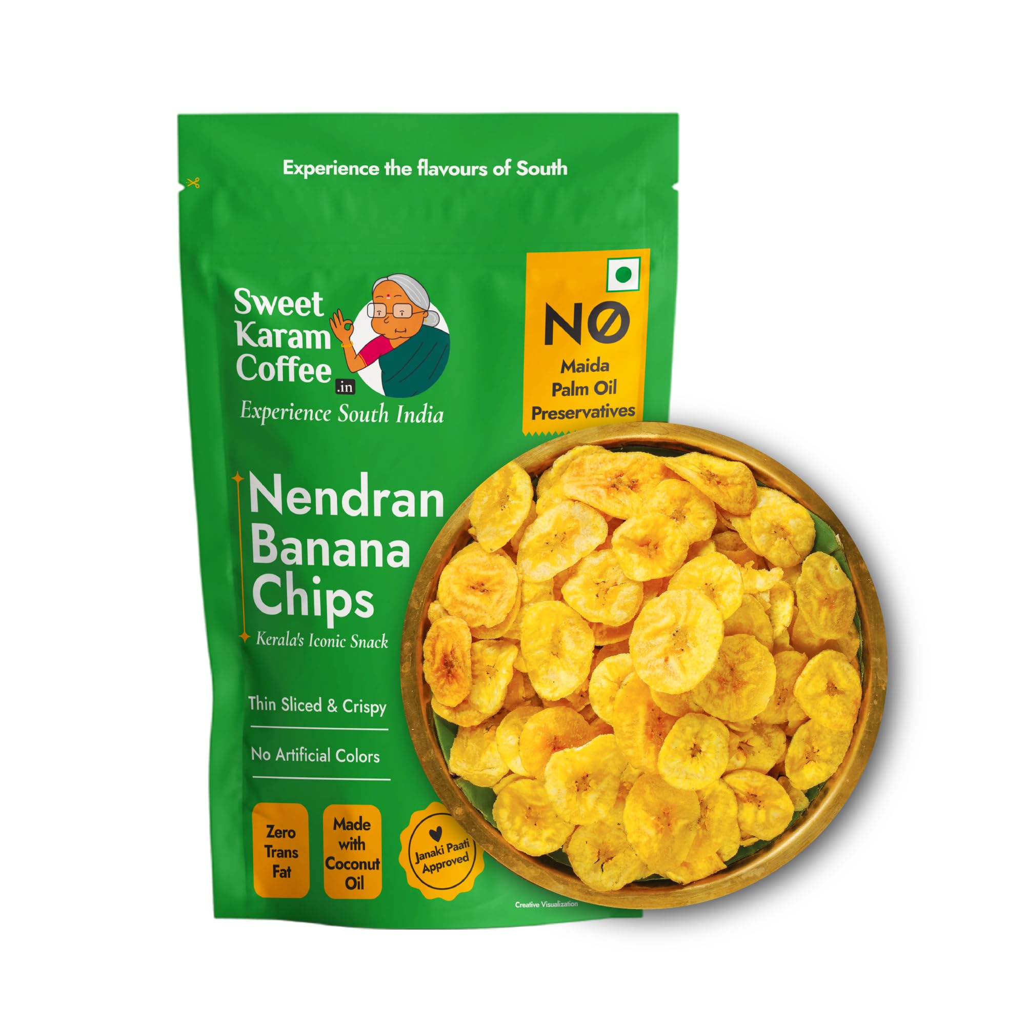 Sweet Karam Coffee Nendran Banana Chips – 95 grams | Made with 100% Coconut Oil | No Preservatives | Kerala Special Crispy, Thin Sliced Yellow Plantain Wafers | Healthy Tea Time Snack