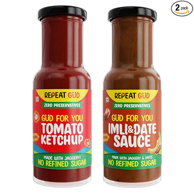 REPEAT GUD Healthy Sauces (Tomato Ketchup, Imili & Dates Sauce) | No Refined Sugar, Made With Jaggery | No preservatives | GUD For Kids | 100% Natural Ingredients & Chemical free (Pack of 2)