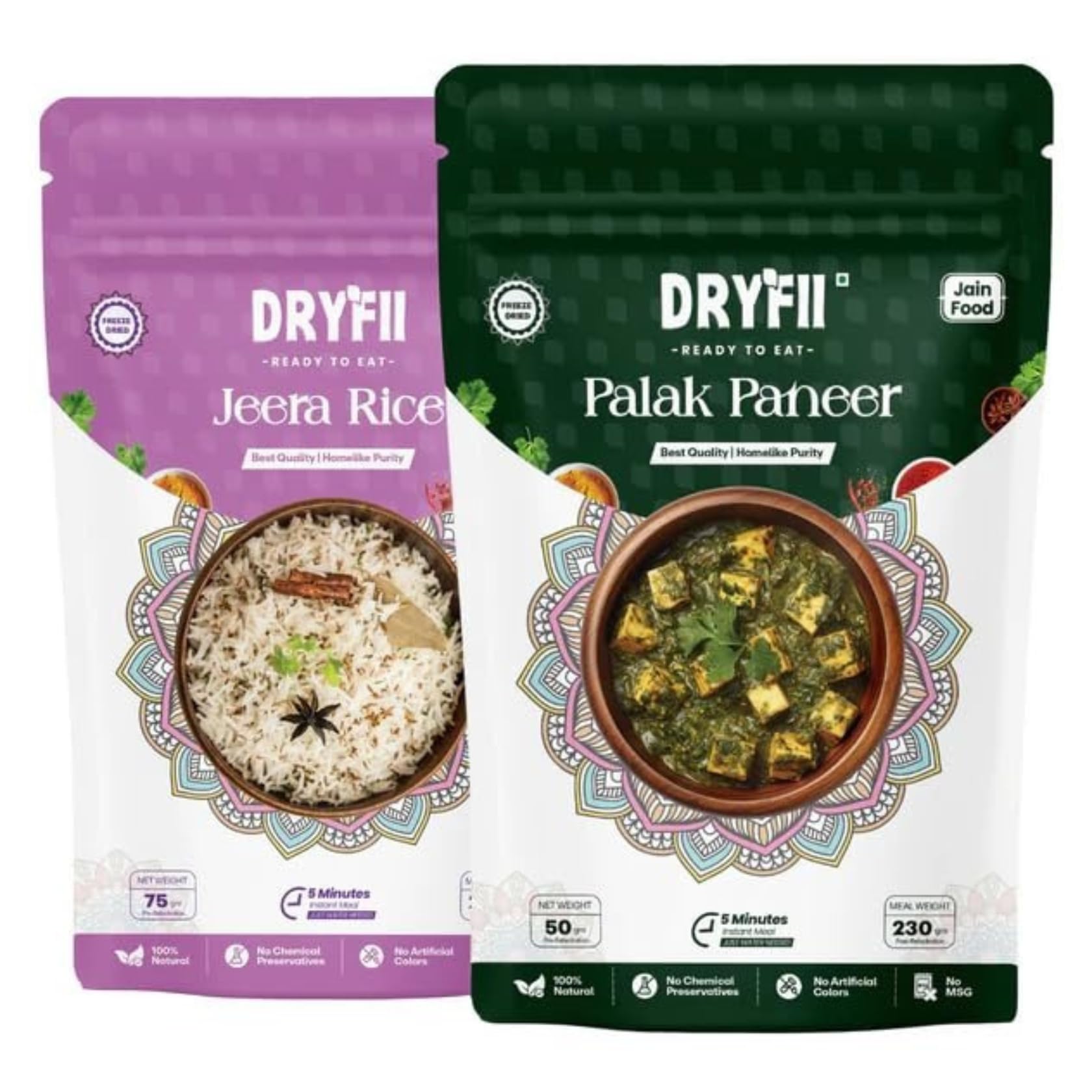 Dryfii Ready-to-Eat Instant | Jain Palak Paneer & Jeera Rice | Pure Veg | Freeze Dried | No Onion, No Garlic | Rehydrated Weight 455 g
