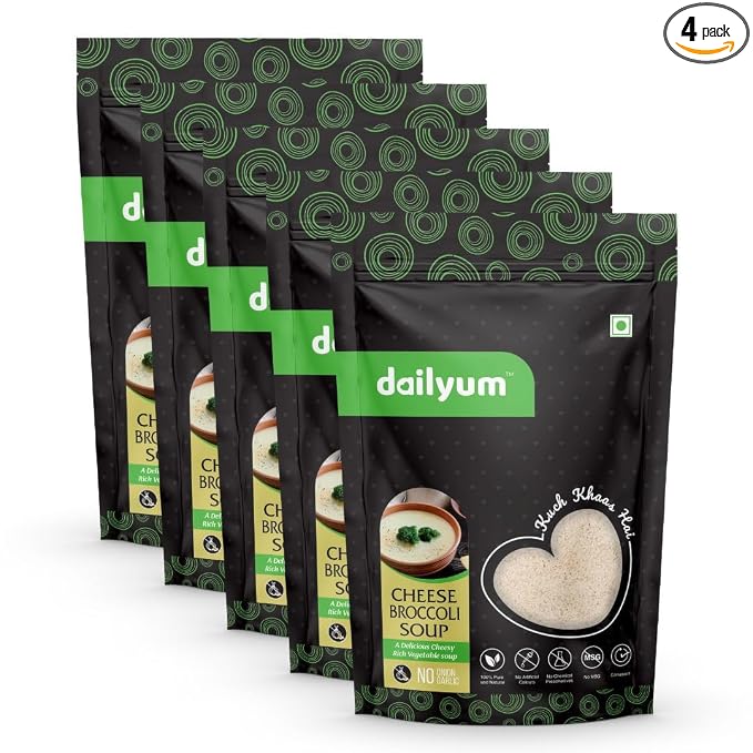 Dailyum Premium Instant Cheese Broccoli Soup | No Onion No Garlic | Pack of 5 | Ready To Eat Instant Soup |100% Natural | No MSG | Serves 5 * 4 | 50g Each | Jain