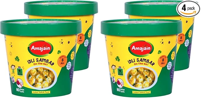Amajain Instant Sattvik Healthy Idli Sambar, Ready-to-Eat, No Added Preservatives, No Added Flavours, Jain-Friendly, 90g (Pack of 4)