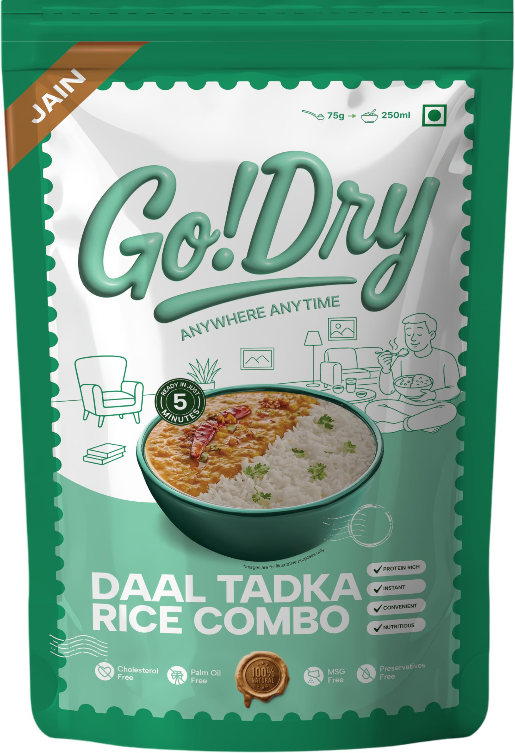Go!Dry Jain Dal Tadka Rice Combo | Ready to Eat Indian Meal | No Onion No Garlic | No Preservatives & No Palm Oil | 75g